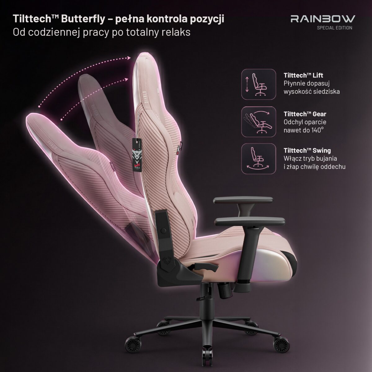 Fotel gamingowy materiałowy różowy Normal Size: Diablo X-Horn 2.0 Rainbow Pink | Meble DUO 2651 x horn 2.0 normal rainbow pink feature pl 03