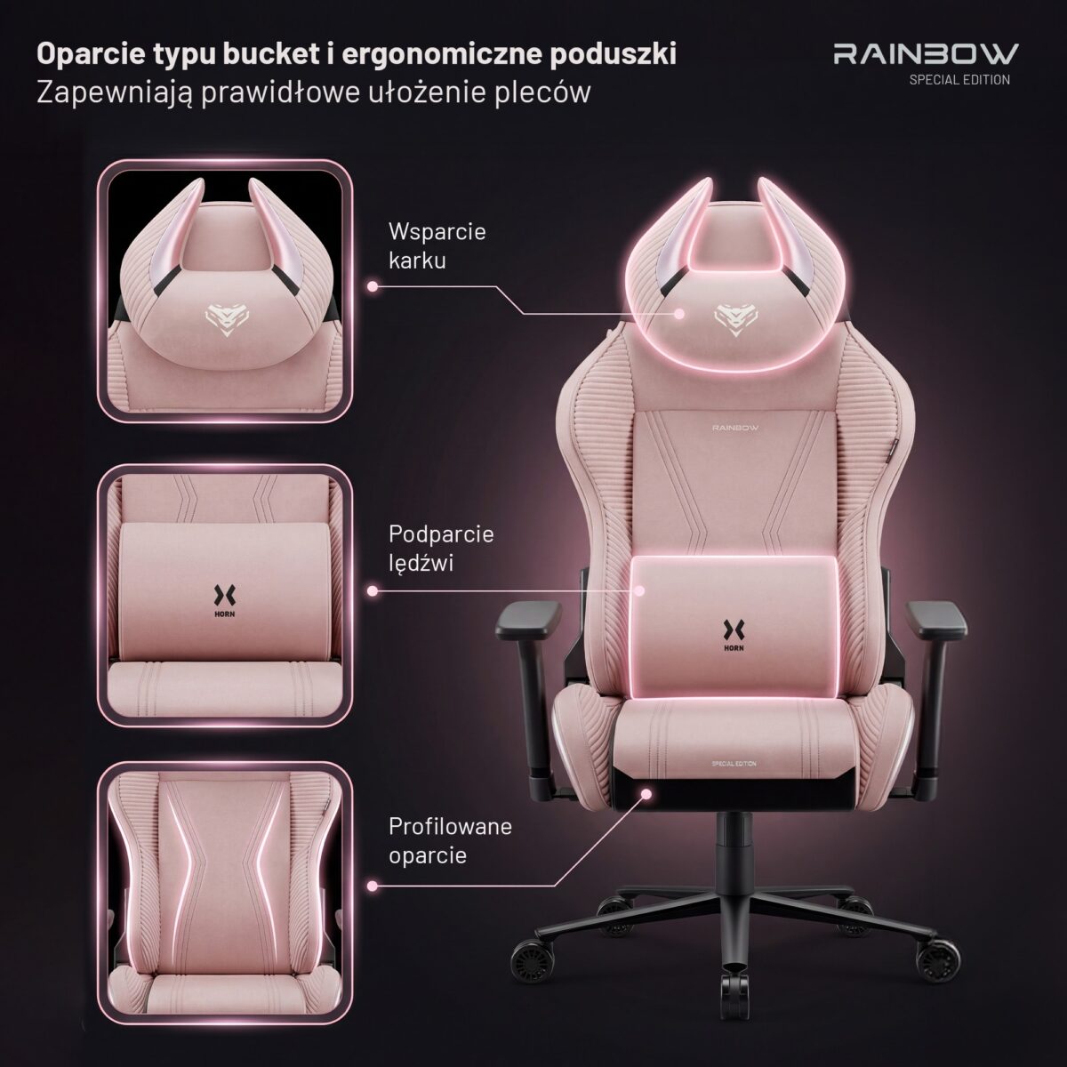 Fotel gamingowy materiałowy różowy Normal Size: Diablo X-Horn 2.0 Rainbow Pink | Meble DUO 2651 x horn 2.0 normal rainbow pink feature pl 05