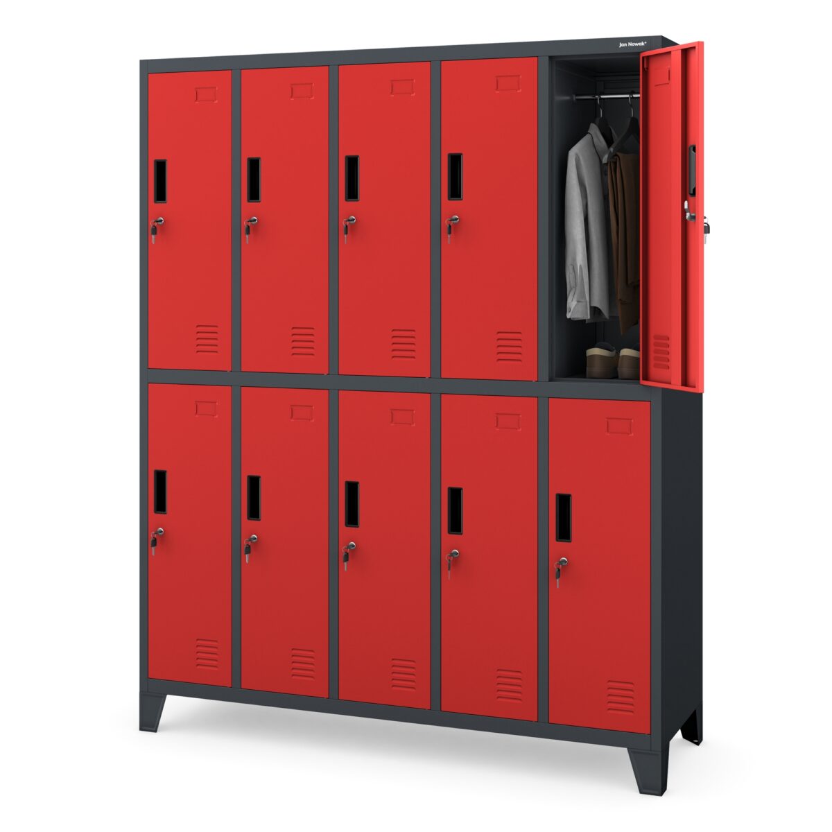 Szafa socjalna ubraniowa 10-drzwiowa antracytowo-czerwona, 1360x1720x450 mm: BARTEK | Meble DUO BARTEK anthracite red side oped24