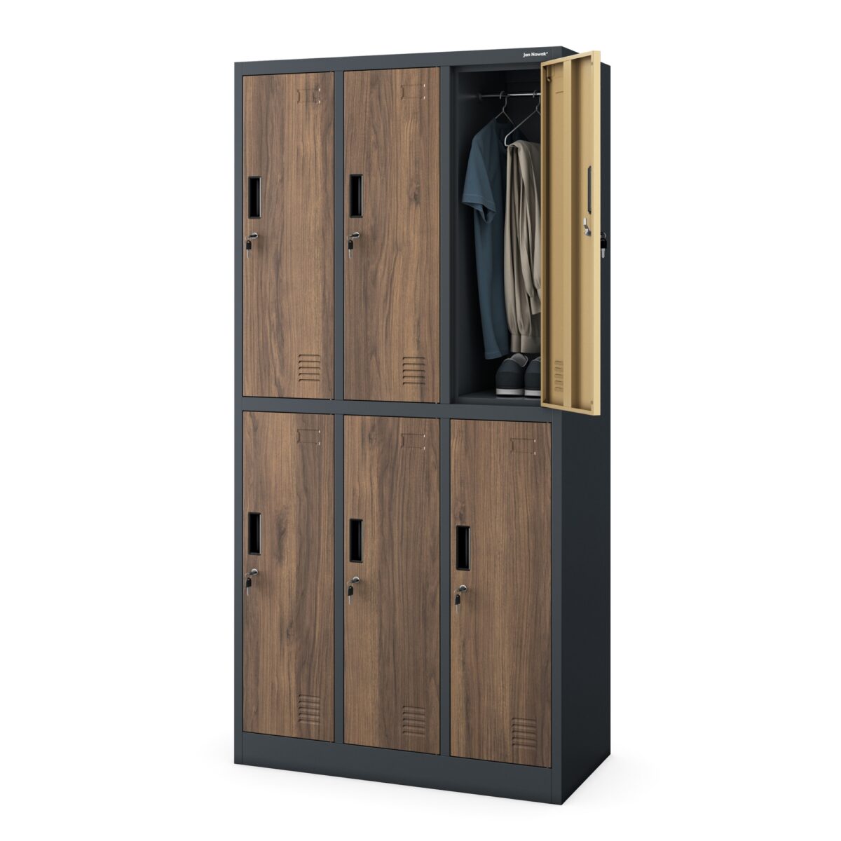 Szafa socjalna ubraniowa 6-drzwiowa antracytowa/orzech, 900x1850x450 mm: IGOR Eco Design | Meble DUO IGOR anthracite walnut side opend24