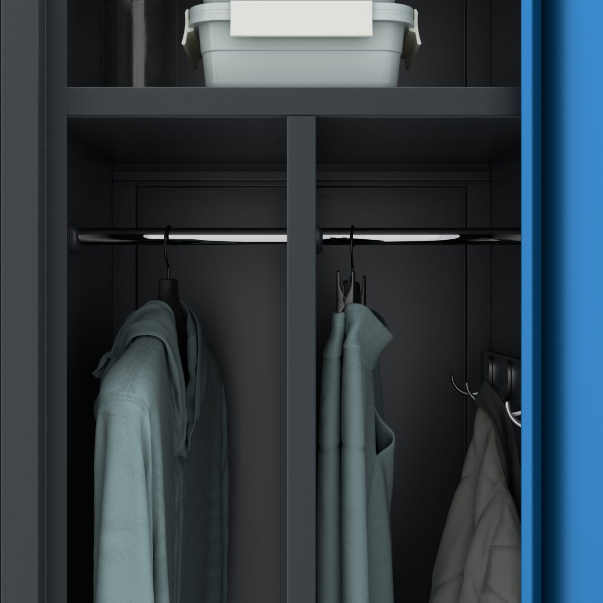 Szafka ubraniowa pracownicza czterokomorowa antracytowo-niebieska, 800x1800x500 mm: KACPER | Meble DUO KACPER anthracite blue detail hangersd24
