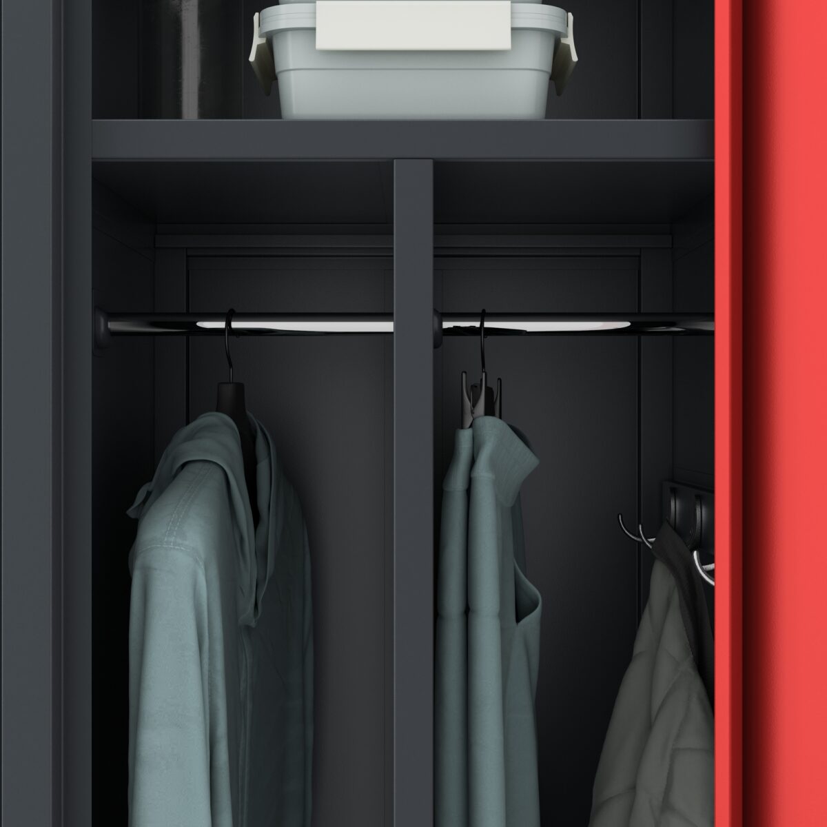 Szafka ubraniowa pracownicza czterokomorowa antracytowo-czerwona, 800x1800x500 mm: KACPER | Meble DUO KACPER anthracite red detail hangersd24