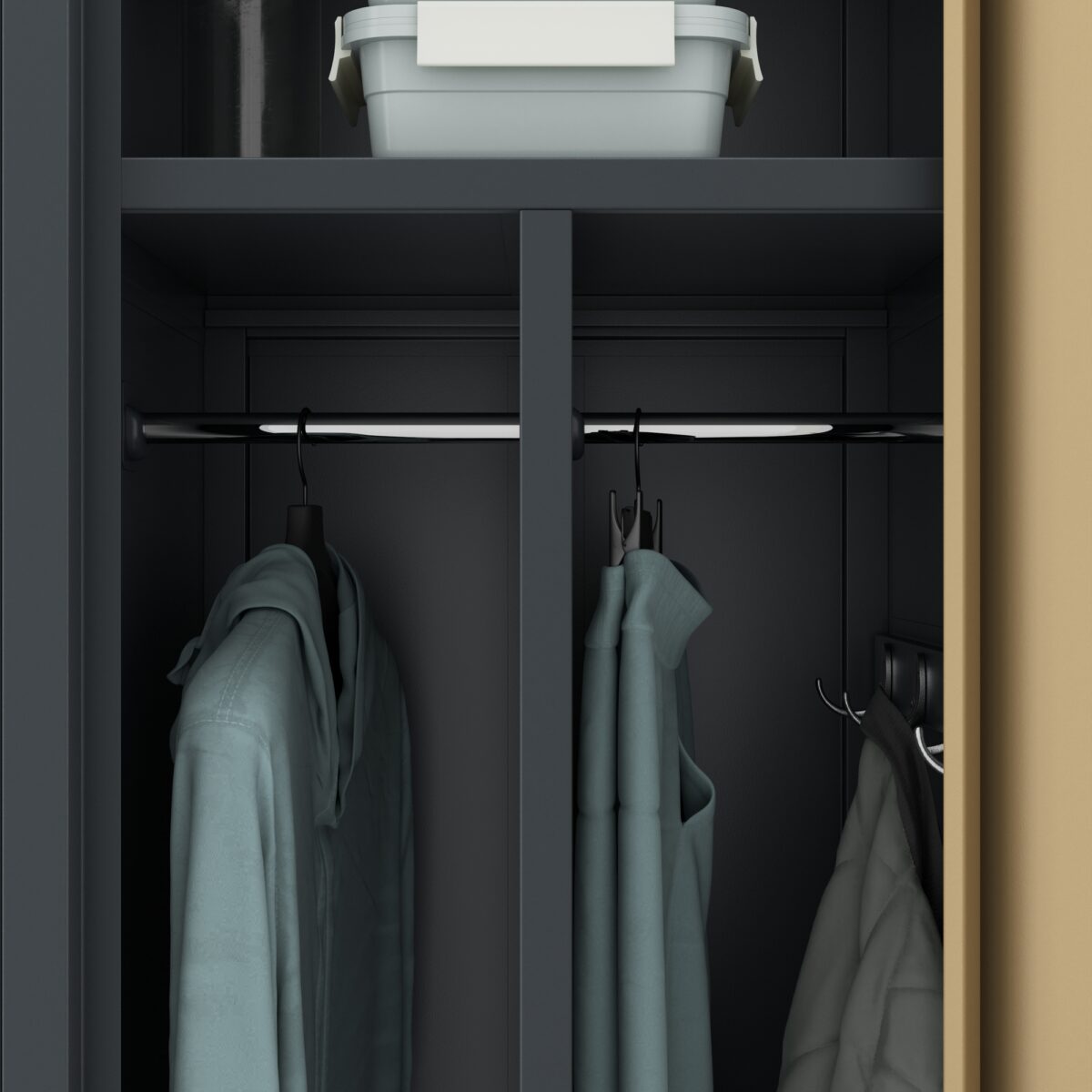 Szafka ubraniowa pracownicza czterokomorowa antracytowa/orzech, 800x1800x500 mm: KACPER Eco Design | Meble DUO KACPER anthracite walnut detail hangersd24
