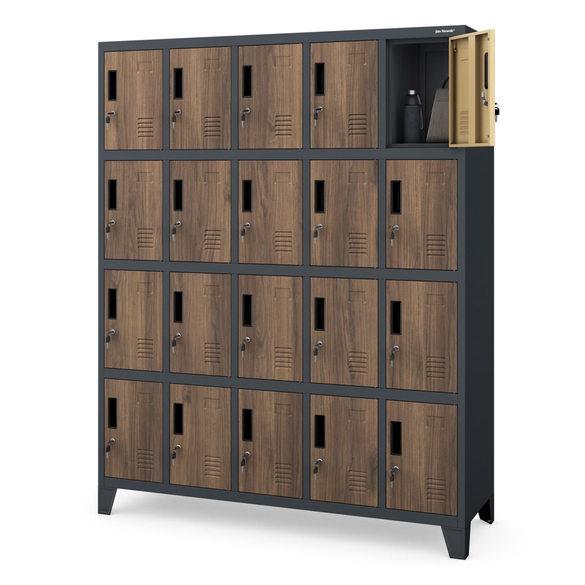 Szafa skrytkowa socjalna 20-skrytkowa na nóżkach antracytowa/orzech, 1360x1720x450 mm: ROBERT Eco Design | Meble DUO ROBERT anthracite walnut side opend24
