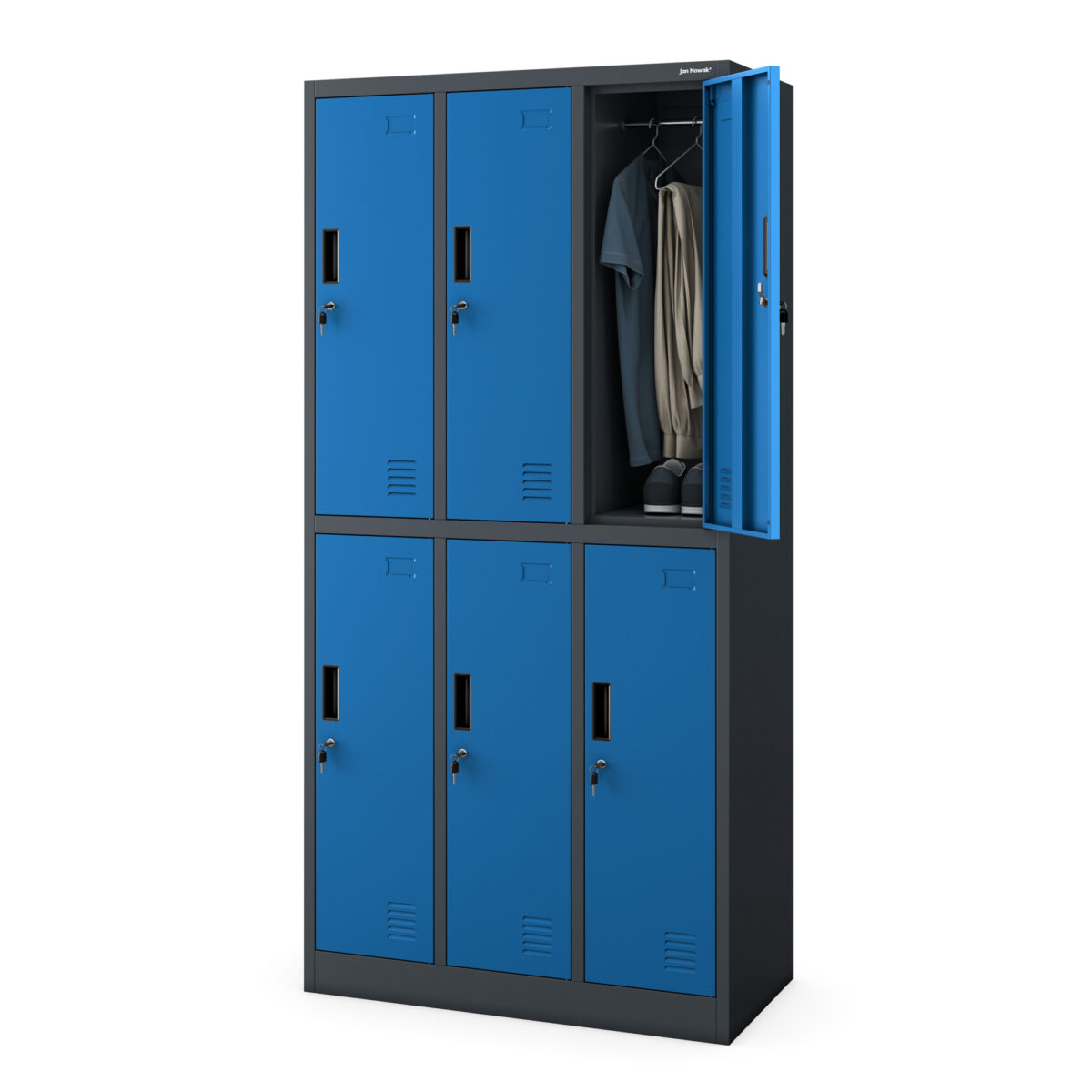 Szafka socjalna ubraniowa 6-drzwiowa antracytowo-niebieska, 900x1850x450 mm: IGOR | Meble DUO igor anthracite blue side open