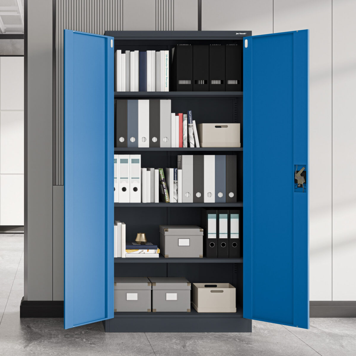 Szafa biurowa na dokumenty z 4 półkami antracytowo-niebieska, 900x1850x400 mm: JAN | Meble DUO jan anthracite blue wiz 3