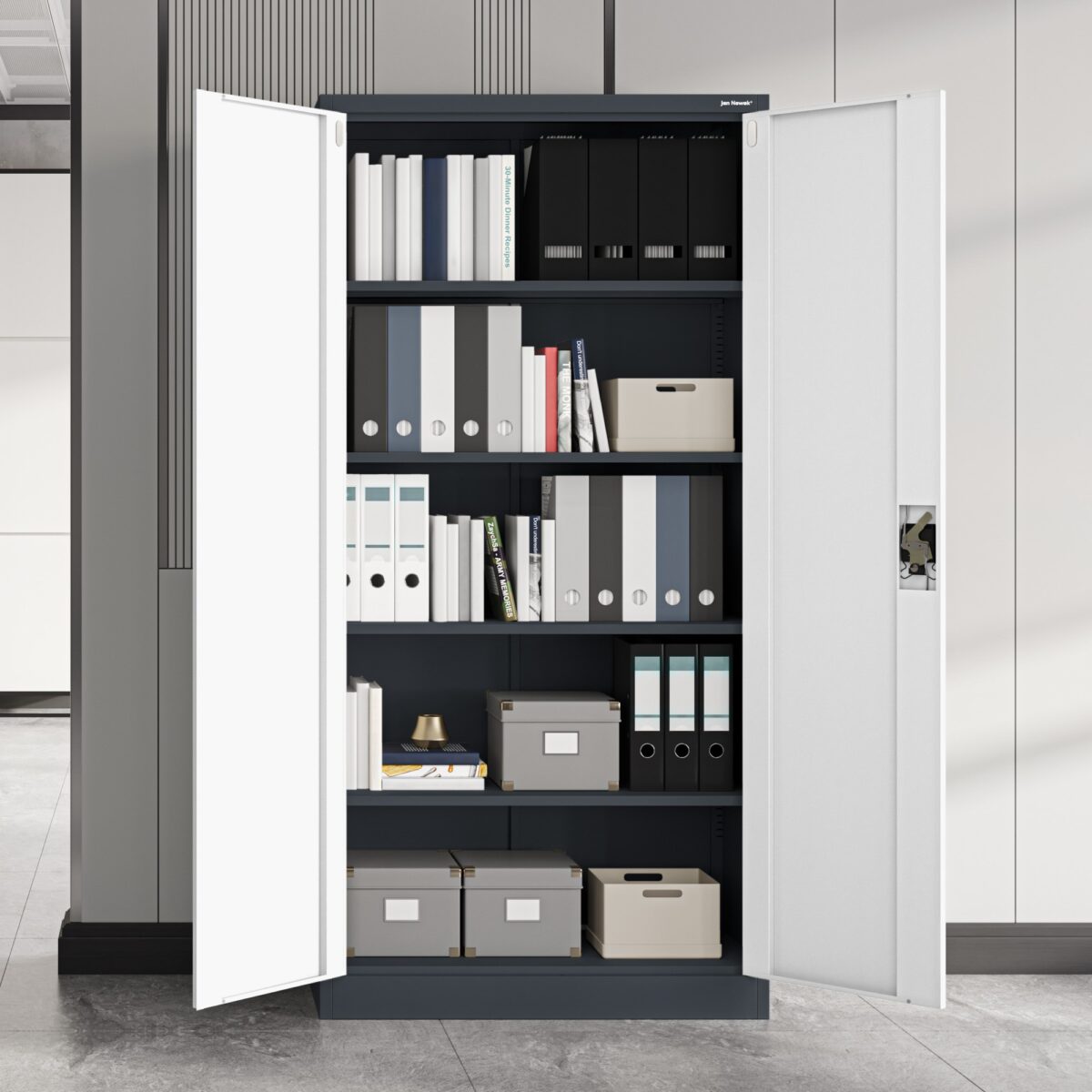 Szafa biurowa na dokumenty z 4 półkami antracytowo-biała, 900x1850x400 mm: JAN | Meble DUO jan anthracite white wiz 3