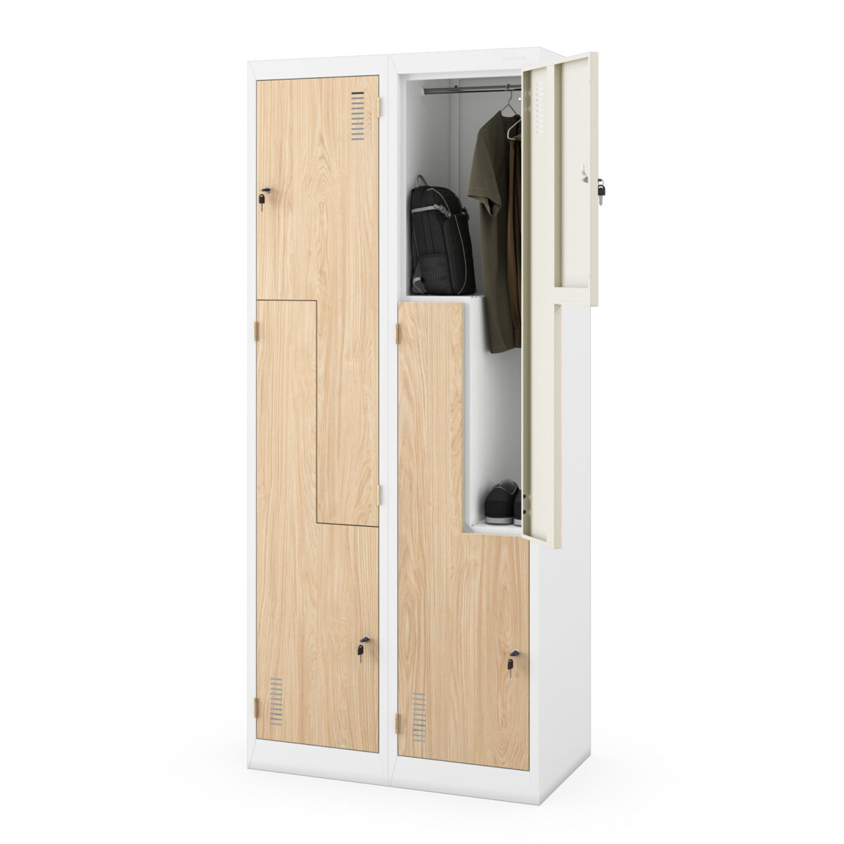 Szafa socjalna ubraniowa typu l, czterokomorowa, biała/dąb sonoma, 800x1850x450 mm: JULIA Eco Design | Meble DUO julia white oak sonoma side open