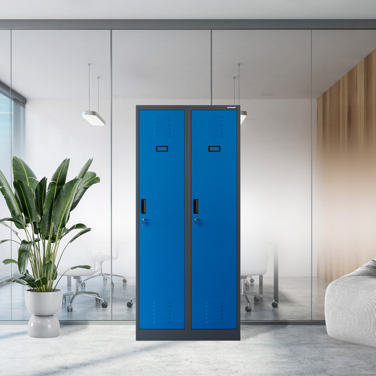 Szafka ubraniowa pracownicza czterokomorowa antracytowo-niebieska, 800x1800x500 mm: KACPER | Meble DUO kacper anthracite blue wiz 1