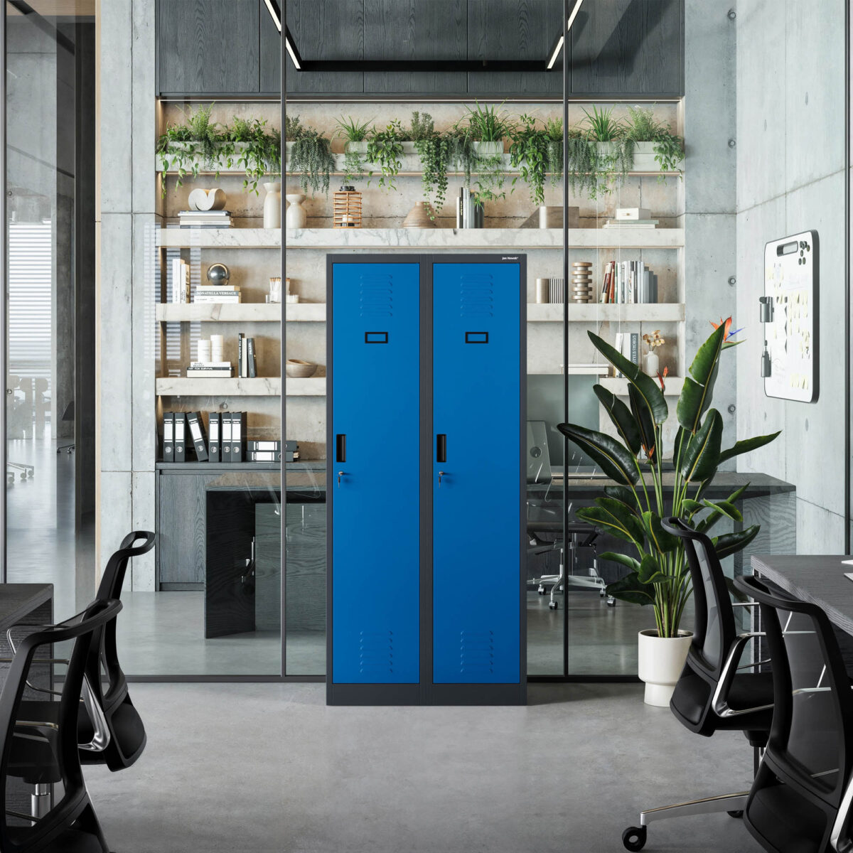 Szafka ubraniowa pracownicza czterokomorowa antracytowo-niebieska, 800x1800x500 mm: KACPER | Meble DUO kacper anthracite blue wiz 2