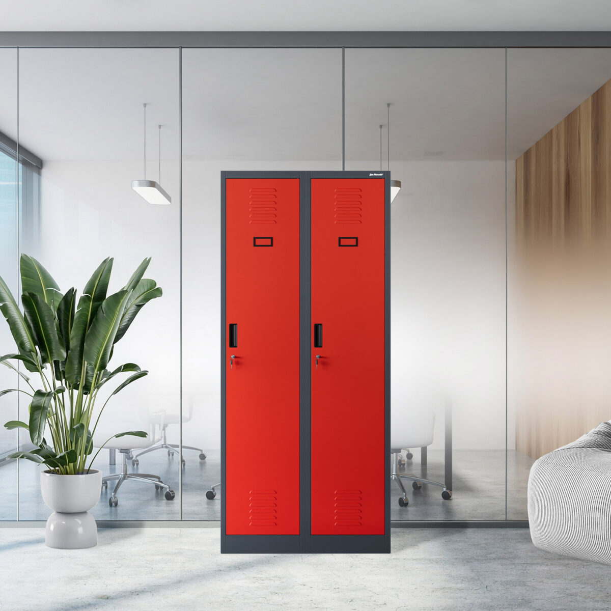Szafka ubraniowa pracownicza czterokomorowa antracytowo-czerwona, 800x1800x500 mm: KACPER | Meble DUO kacper anthracite red wiz 1