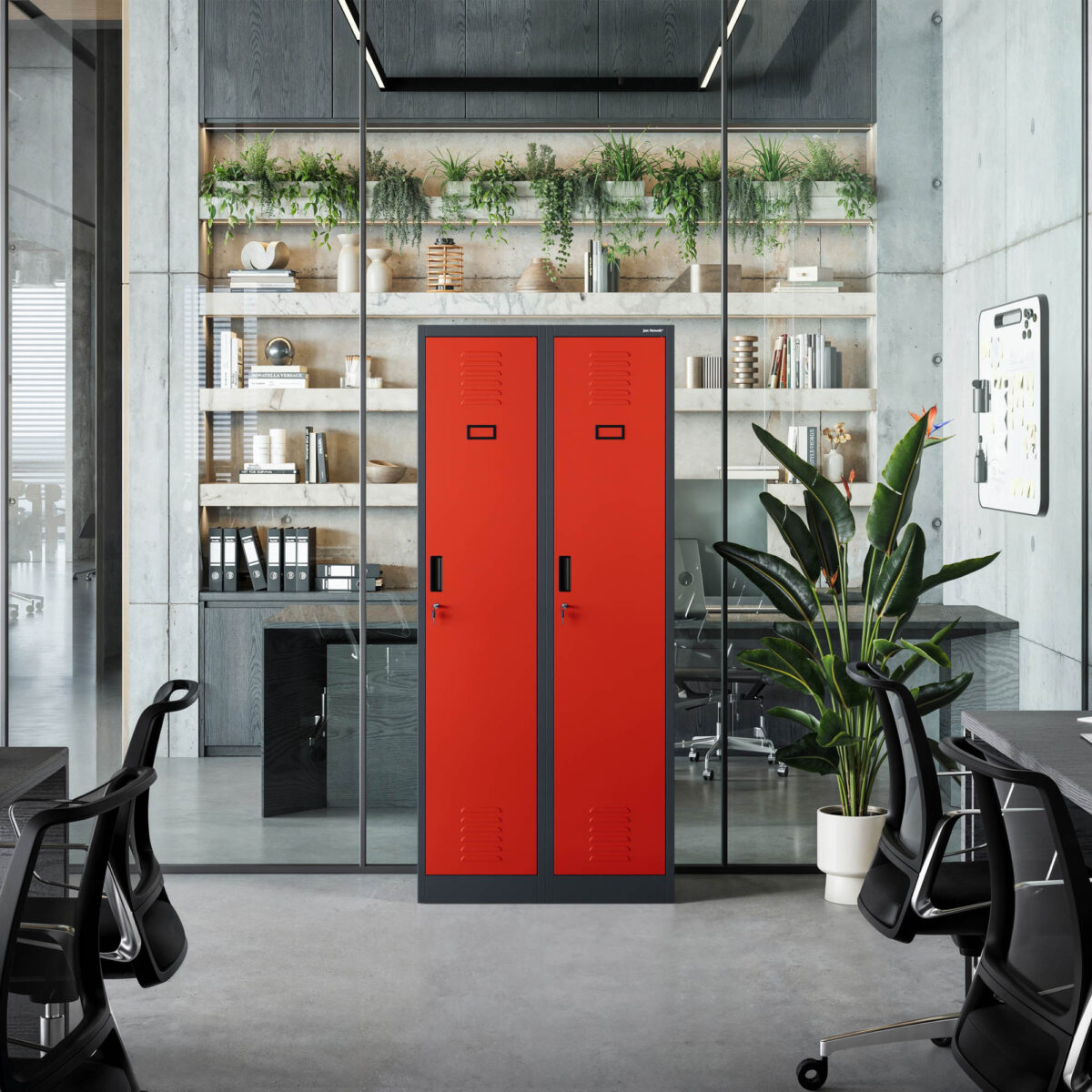 Szafka ubraniowa pracownicza czterokomorowa antracytowo-czerwona, 800x1800x500 mm: KACPER | Meble DUO kacper anthracite red wiz 2