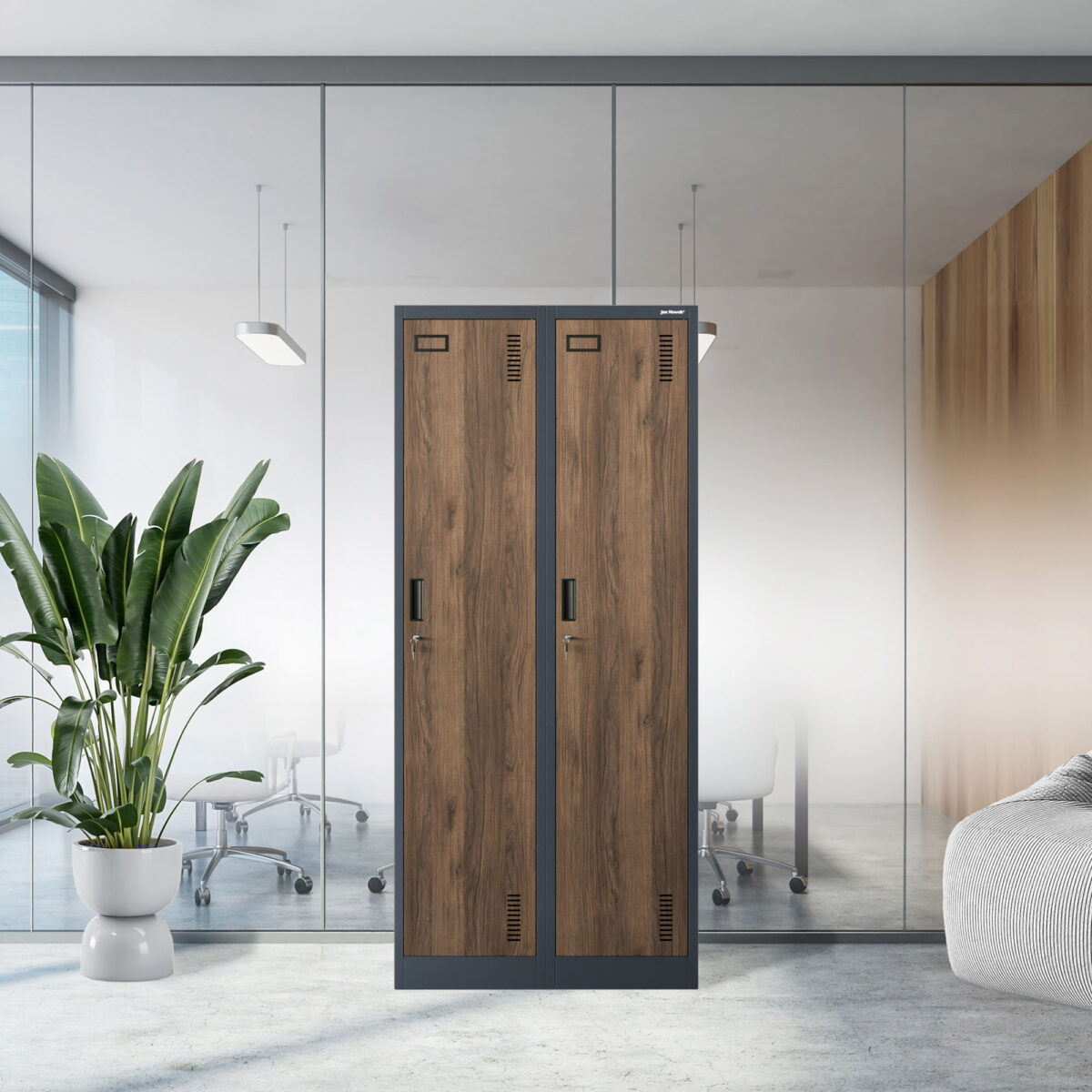 Szafka ubraniowa pracownicza czterokomorowa antracytowa/orzech, 800x1800x500 mm: KACPER Eco Design | Meble DUO kacper anthracite walnut wiz 1