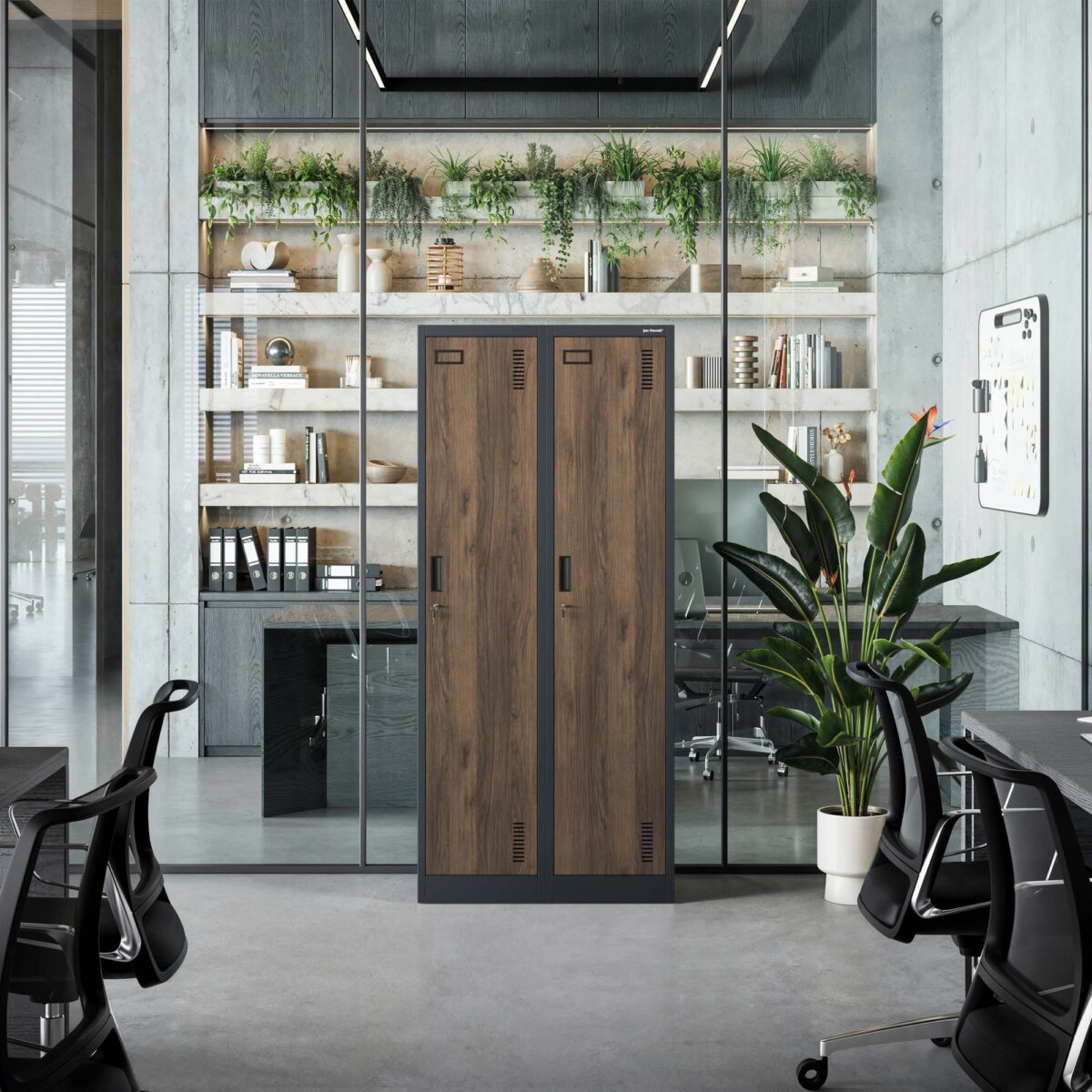 Szafka ubraniowa pracownicza czterokomorowa antracytowa/orzech, 800x1800x500 mm: KACPER Eco Design | Meble DUO kacper anthracite walnut wiz 2