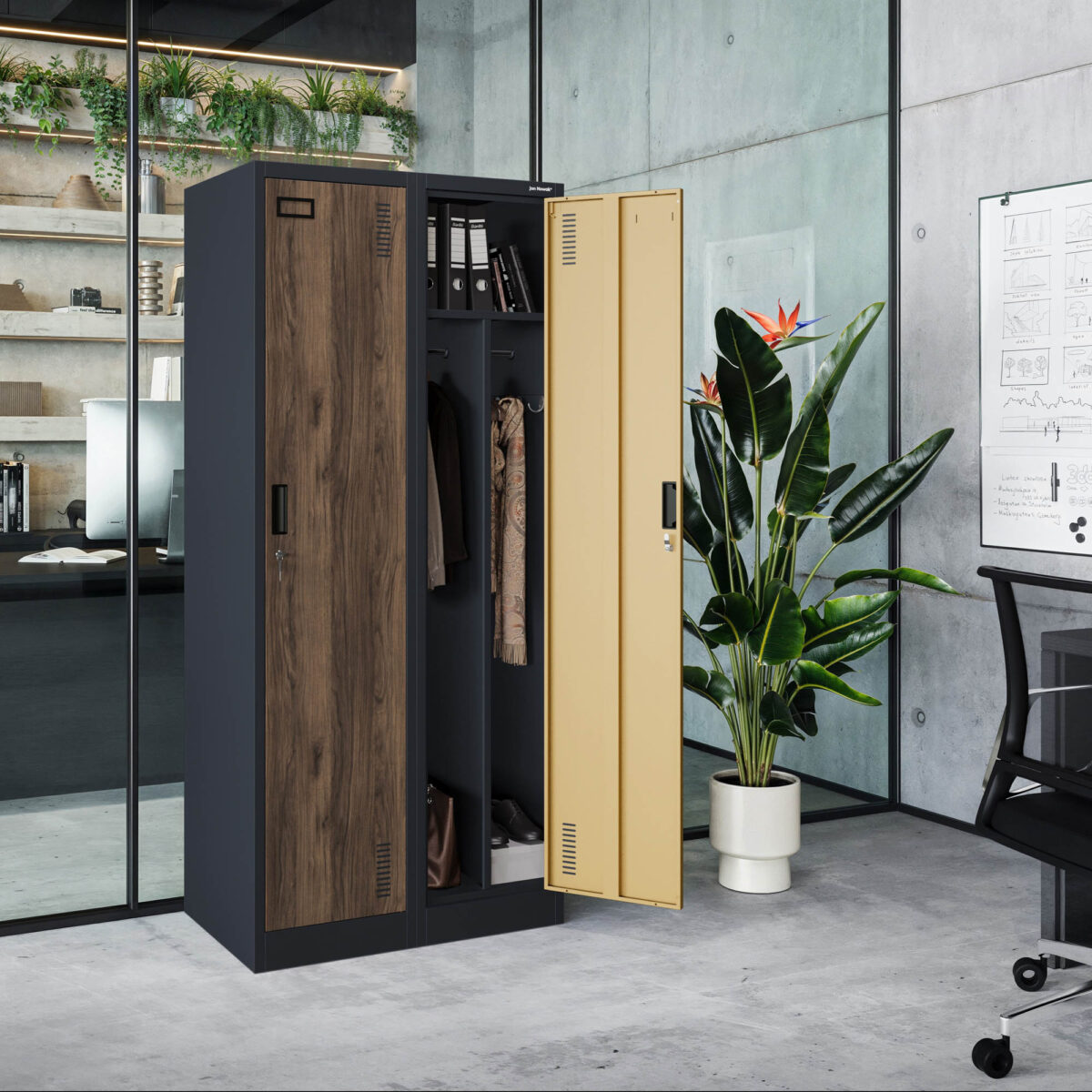 Szafka ubraniowa pracownicza czterokomorowa antracytowa/orzech, 800x1800x500 mm: KACPER Eco Design | Meble DUO kacper anthracite walnut wiz 3
