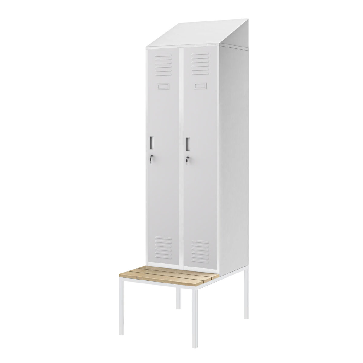 Szafka pracownicza ubraniowa wąska z ławką i daszkiem szara, 600x2295x850 mm: KACPER II PRO | Meble DUO kacper ii pro grey 1