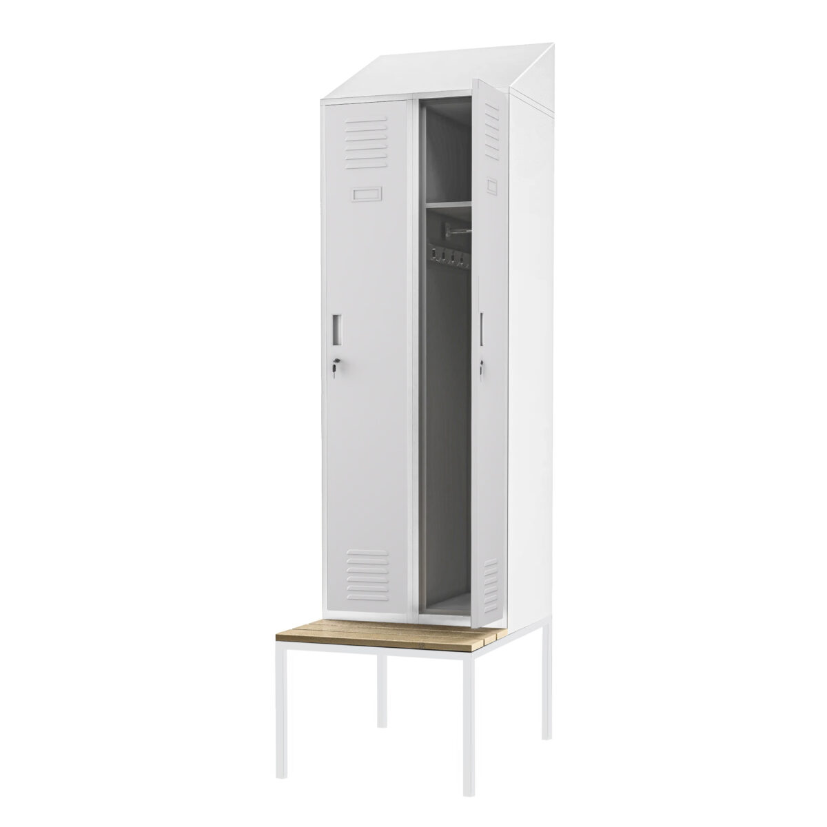 Szafka pracownicza ubraniowa wąska z ławką i daszkiem szara, 600x2295x850 mm: KACPER II PRO | Meble DUO kacper ii pro grey 2