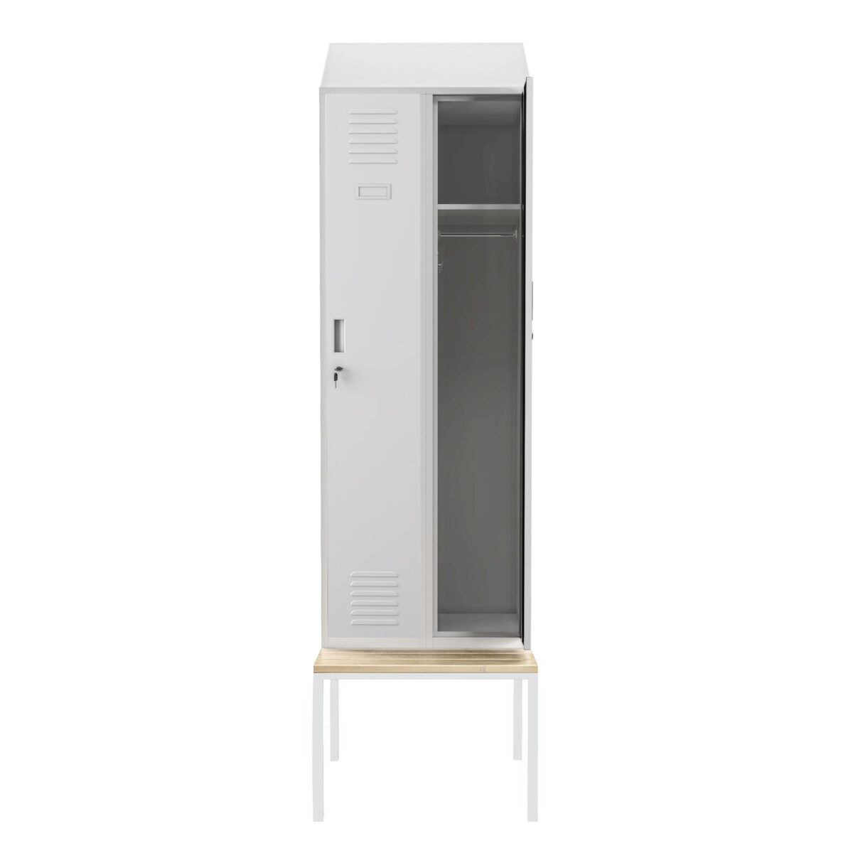 Szafka pracownicza ubraniowa wąska z ławką i daszkiem szara, 600x2295x850 mm: KACPER II PRO | Meble DUO kacper ii pro grey 4