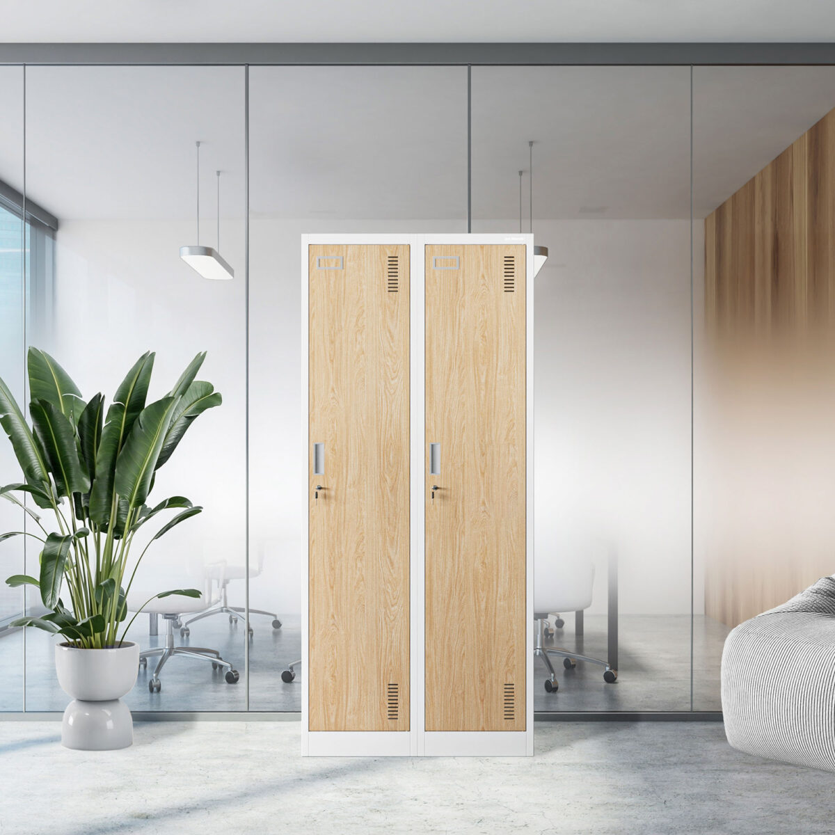 Szafka ubraniowa pracownicza czterokomorowa biała/dąb sonoma, 800x1800x500 mm: KACPER Eco Design | Meble DUO kacper white oak sonoma wiz 1