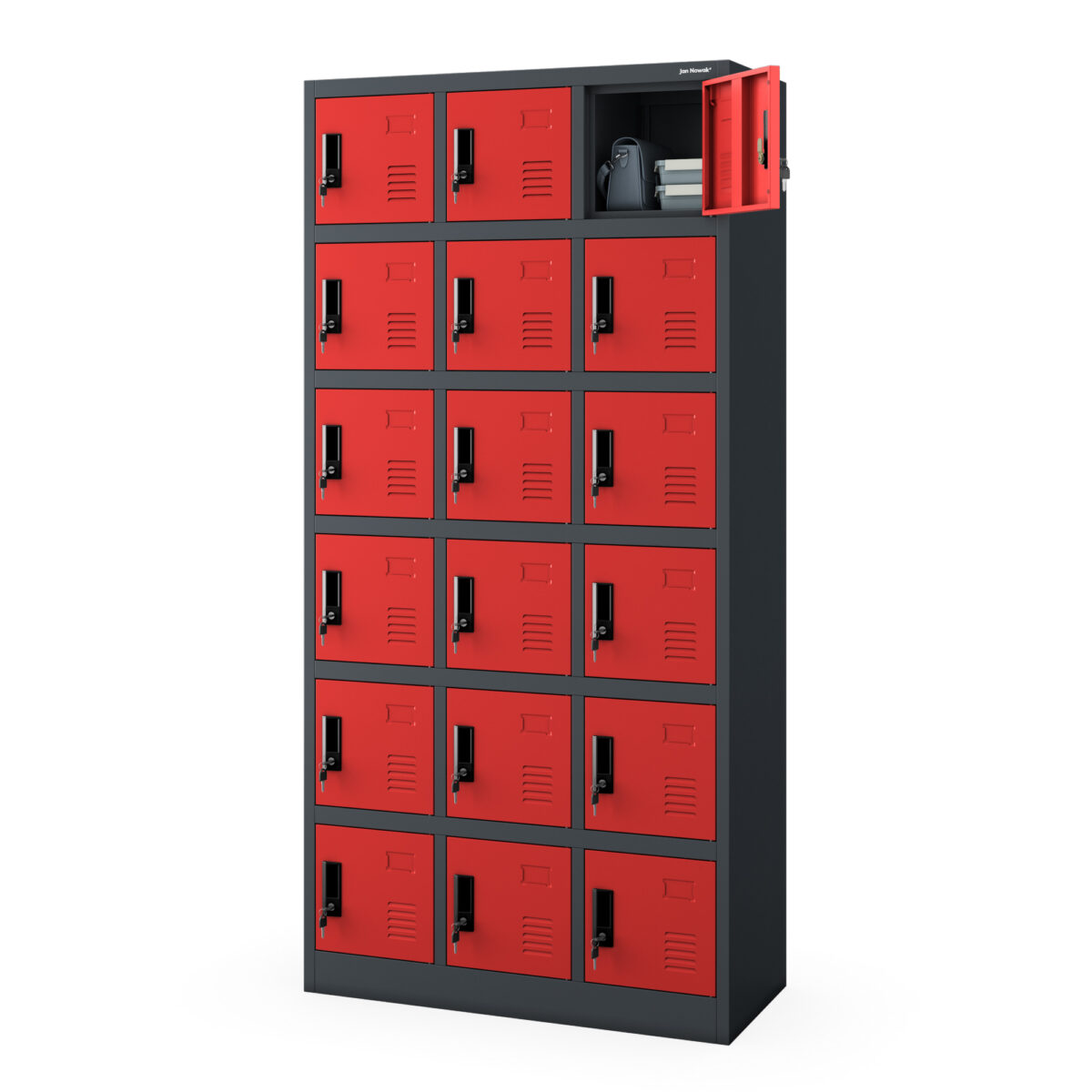 Szafka pracownicza skrytkowa 18-skrytkowa antracytowo-czerwona, 900x1850x400 mm: KAROL | Meble DUO karol anthracite red side open