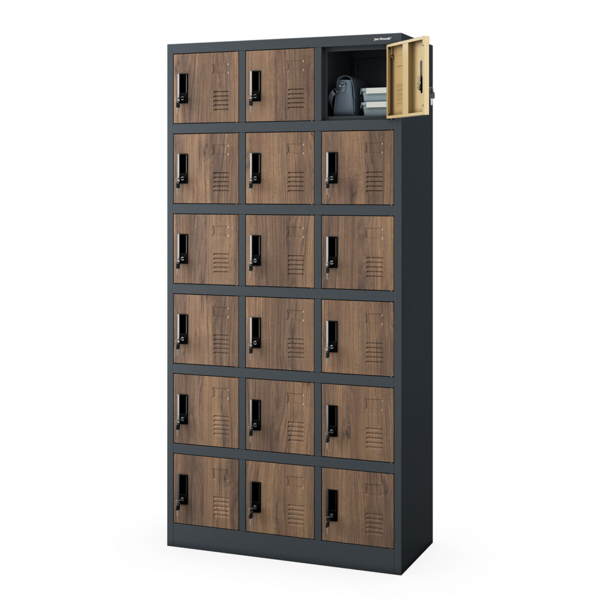 Szafka pracownicza skrytkowa 18-skrytkowa antracytowa/orzech, 900x1850x400 mm: KAROL Eco Design | Meble DUO karol anthracite walnut side open 1