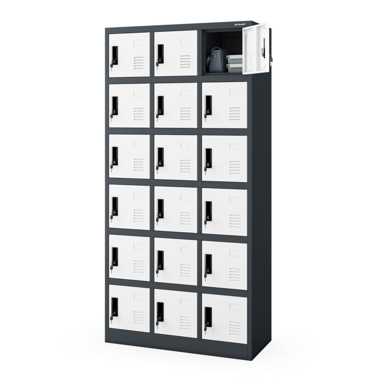 Szafka pracownicza skrytkowa 18-skrytkowa antracytowo-biała, 900x1850x400 mm: KAROL | Meble DUO karol anthracite white side open