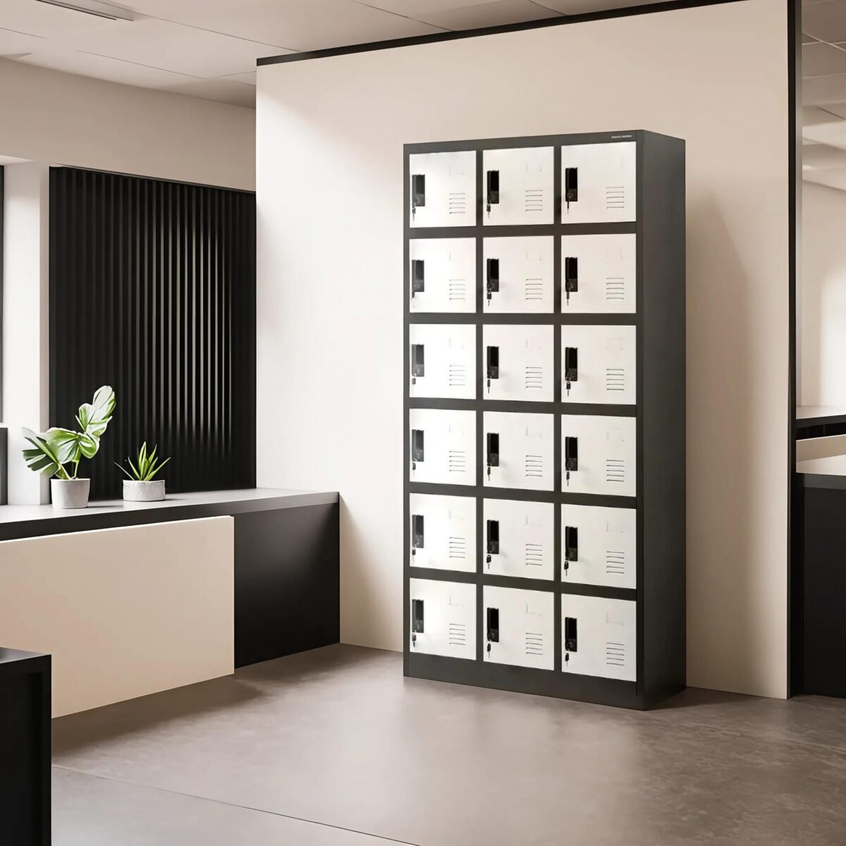 Szafka pracownicza skrytkowa 18-skrytkowa antracytowo-biała, 900x1850x400 mm: KAROL | Meble DUO karol antracyt bialy 04d24d24