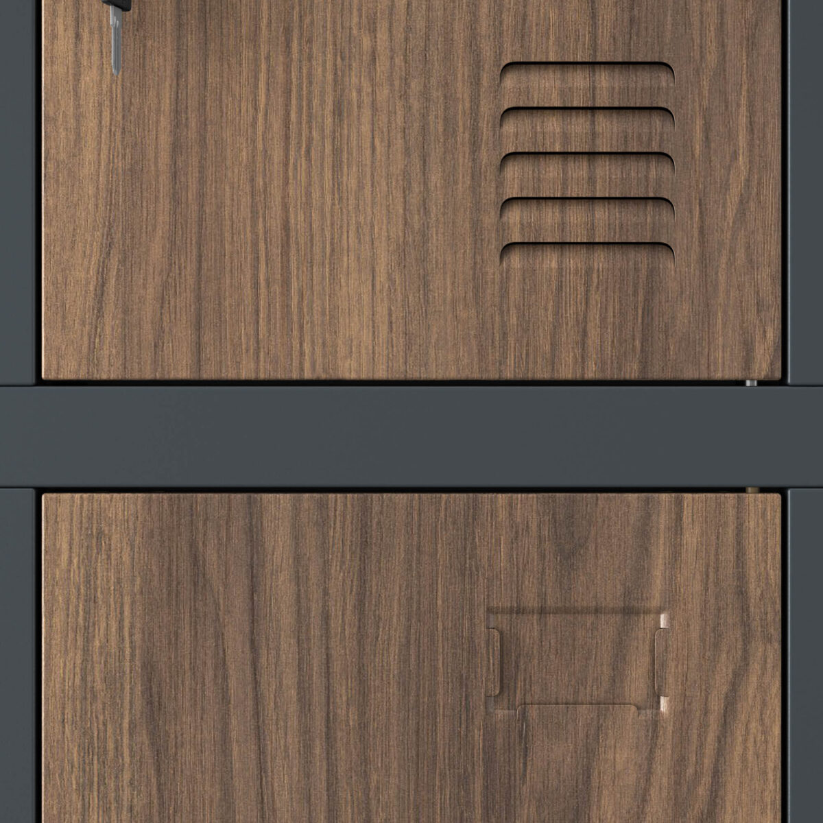 Szafka skrytkowa socjalna 12-skrytkowa antracytowa/orzech, 900x1850x400 mm: MARCIN Eco Design | Meble DUO marcin anthracite walnut detail vents name plate