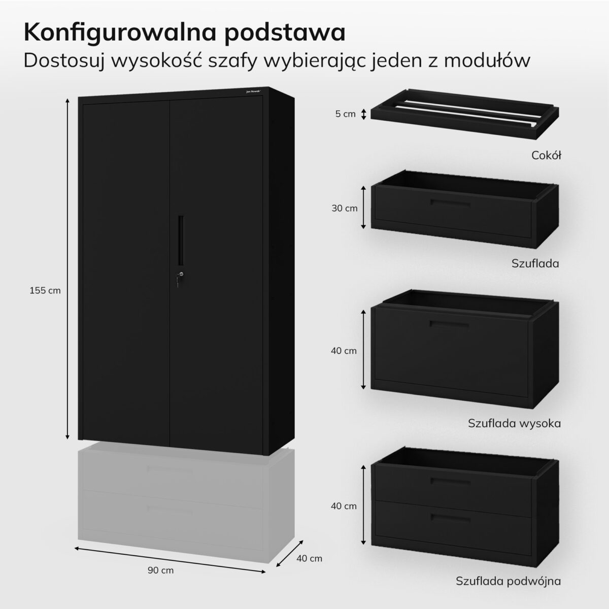 Szafa modułowa metalowa z półkami z szufladą czarna, 1850x900x400 mm: MEGAN | Meble DUO megan f1 czarny pl 2000x2000 2 1 2
