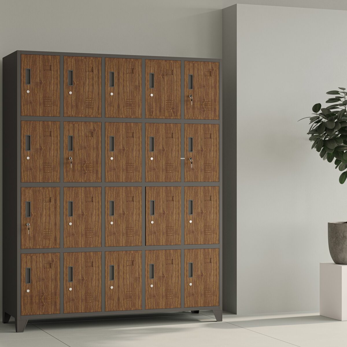 Szafa skrytkowa socjalna 20-skrytkowa na nóżkach antracytowa/orzech, 1360x1720x450 mm: ROBERT Eco Design | Meble DUO robert antracyt orzech 05d24d24