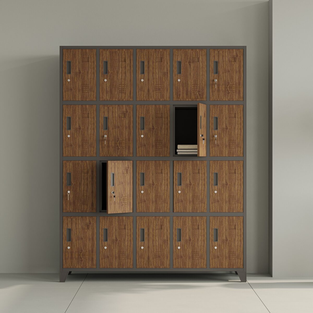 Szafa skrytkowa socjalna 20-skrytkowa na nóżkach antracytowa/orzech, 1360x1720x450 mm: ROBERT Eco Design | Meble DUO robert antracyt orzech 06d24d24