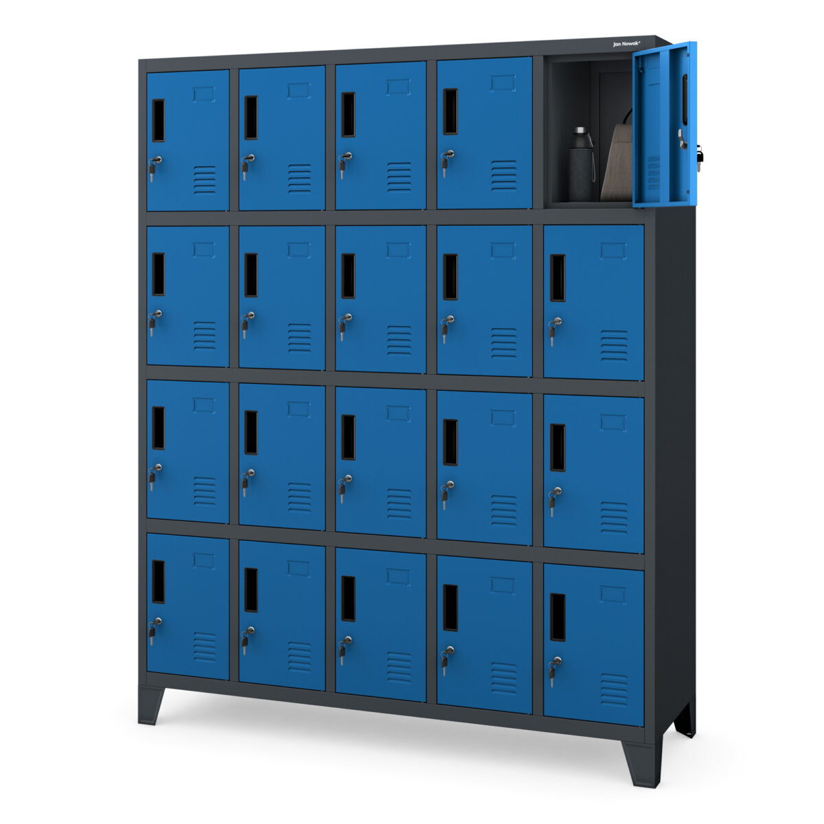 Szafa skrytkowa socjalna 20-skrytkowa na nóżkach antracytowo-niebieska, 1360x1720x450 mm: ROBERT | Meble DUO robert anthracite blue side open