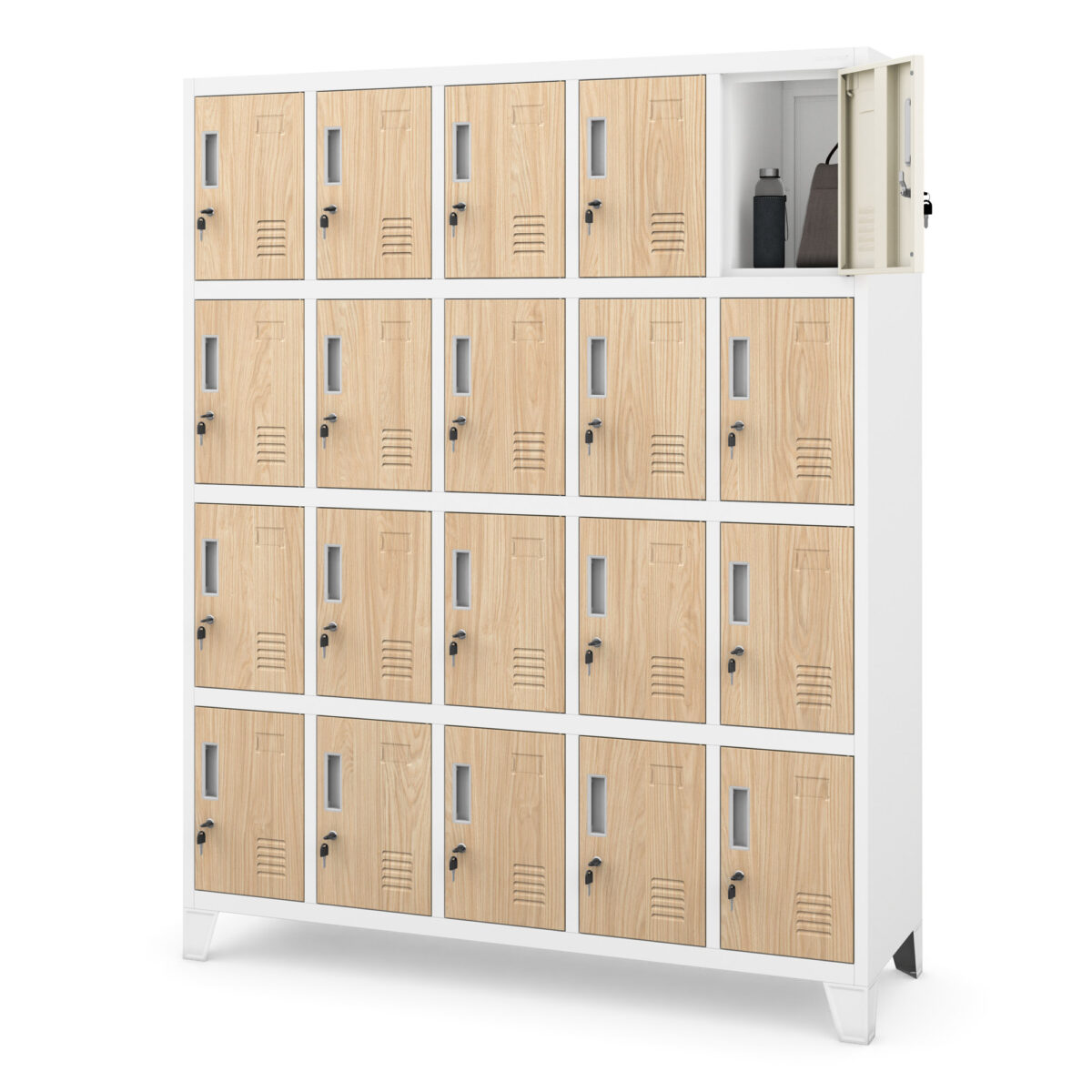 Szafa skrytkowa socjalna 20-skrytkowa na nóżkach biała/dąb sonoma, 1360x1720x450 mm: ROBERT Eco Design | Meble DUO robert white oak sonoma side open