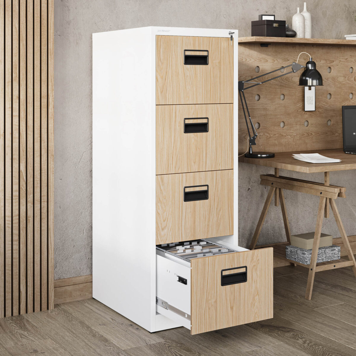 Szafa kartotekowa metalowa z 4 szufladami biała/dąb sonoma, 460x1320x620 mm: SARA Eco Design | Meble DUO sara v4 white oak sonoma wiz 2