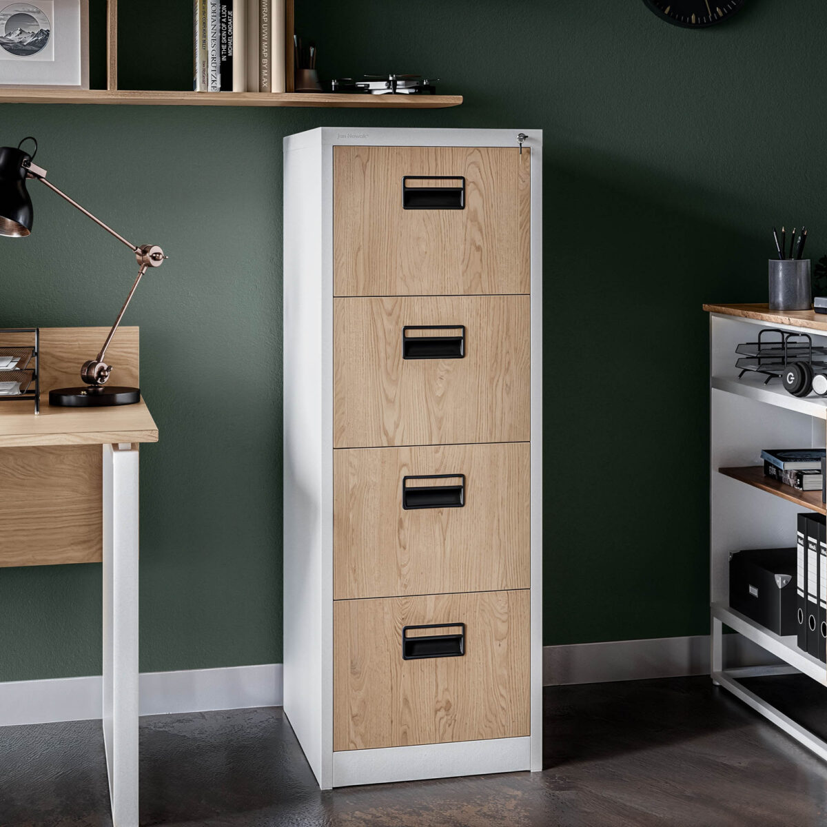 Szafa kartotekowa metalowa z 4 szufladami biała/dąb sonoma, 460x1320x620 mm: SARA Eco Design | Meble DUO sara v4 white oak sonoma wiz 3