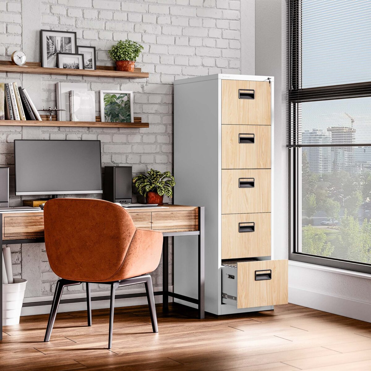 Szafa kartotekowa metalowa z 5 szufladami biała/dąb sonoma, 460×1625.5×620 mm: SARA Eco Design | Meble DUO sara v5 white oak sonoma wiz 3