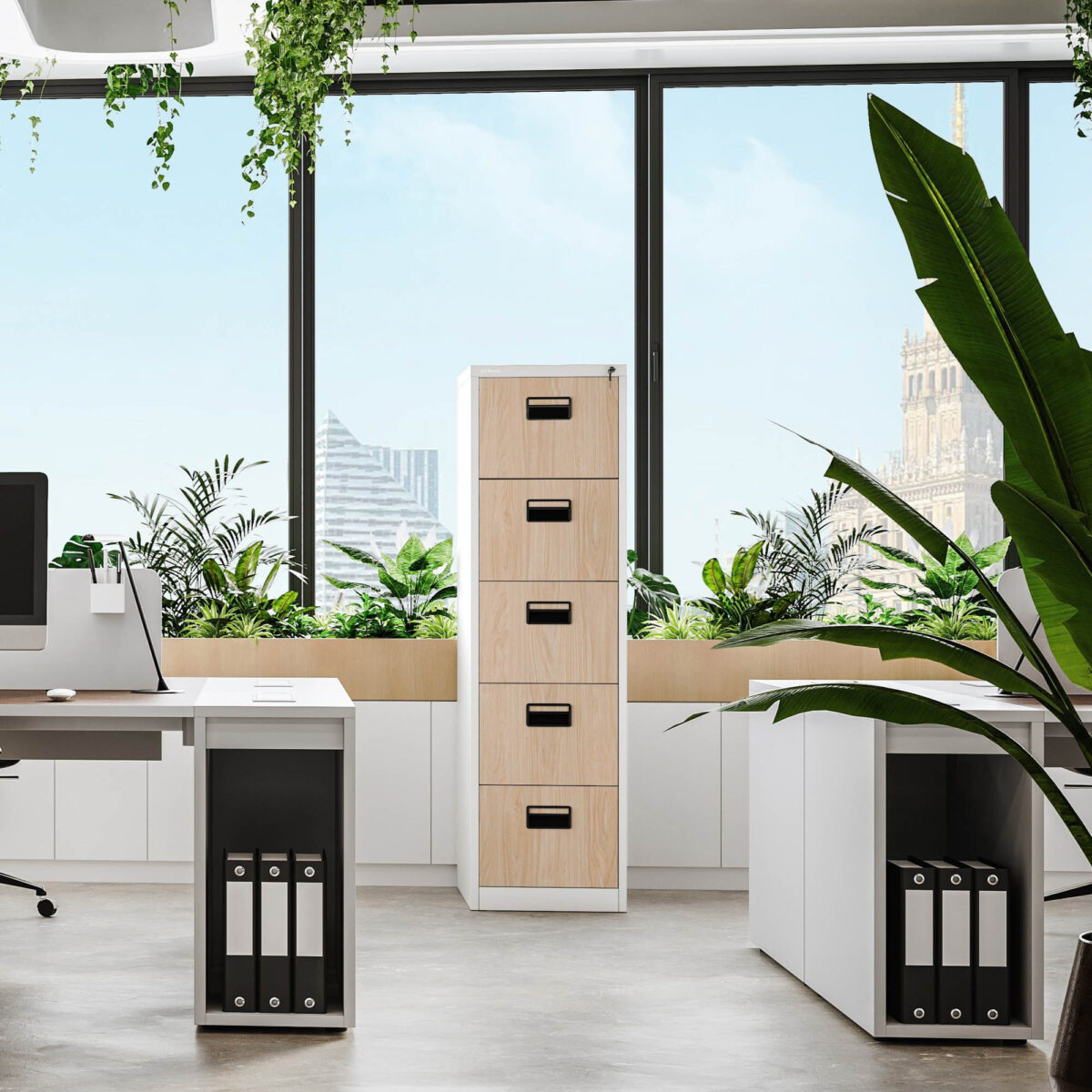 Szafa kartotekowa metalowa z 5 szufladami biała/dąb sonoma, 460×1625.5×620 mm: SARA Eco Design | Meble DUO sara v5 white oak sonoma wiz 4