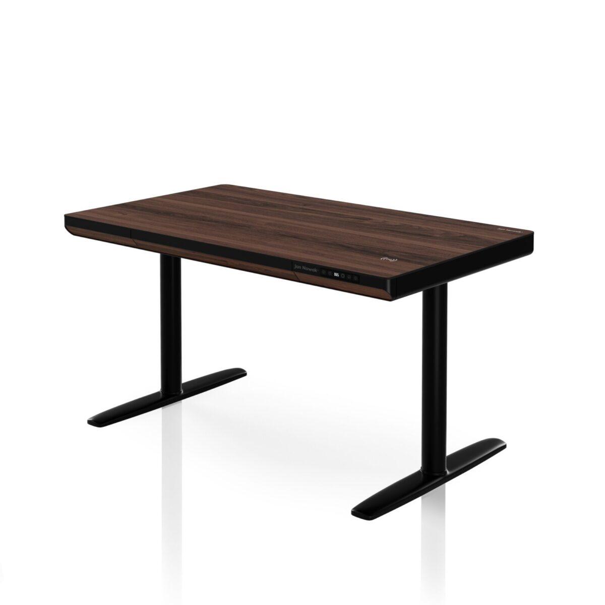 Biurko elektryczne sit-stand z szufladą i ładowarką bezprzewodową Qi czarne/orzech, 1200 mm: ELLIS | Meble DUO sku 2550 ellis 1200 czarny orzech features pl 01