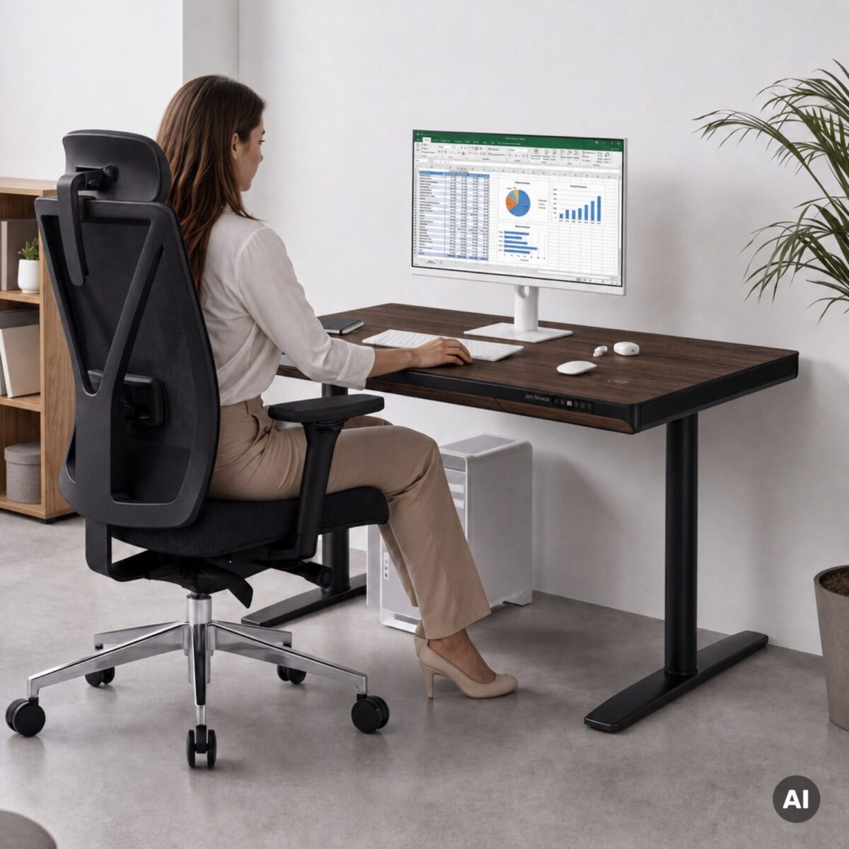 Biurko elektryczne sit-stand z szufladą i ładowarką bezprzewodową Qi czarne/orzech, 1200 mm: ELLIS | Meble DUO sku 2550 ellis 1200 czarny orzech features pl 02
