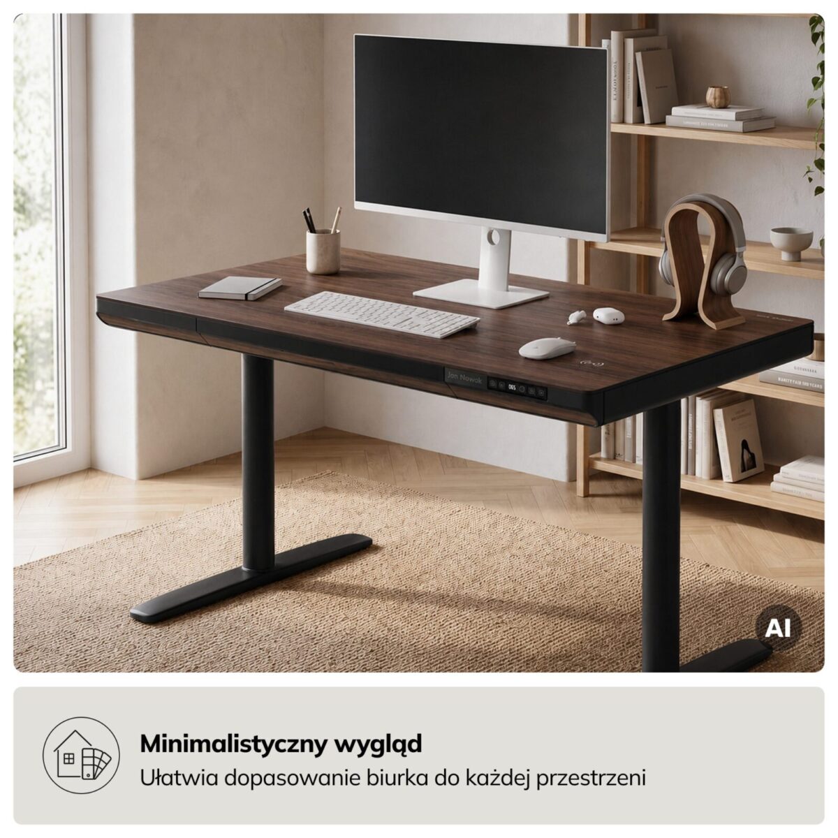 Biurko elektryczne sit-stand z szufladą i ładowarką bezprzewodową Qi czarne/orzech, 1200 mm: ELLIS | Meble DUO sku 2550 ellis 1200 czarny orzech features pl 03