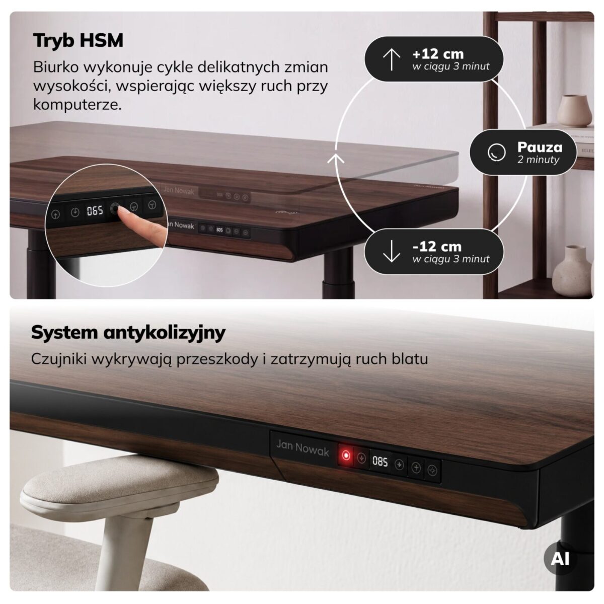 Biurko elektryczne sit-stand z szufladą i ładowarką bezprzewodową Qi czarne/orzech, 1200 mm: ELLIS | Meble DUO sku 2550 ellis 1200 czarny orzech features pl 05