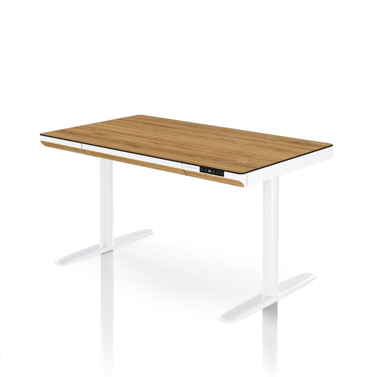 Biurko elektryczne sit-stand z szufladą i ładowarką bezprzewodową Qi białe/złoty dąb, 1200 mm: ELLIS | Meble DUO sku 2551 ellis 1200 bialy zloty dab features pl 01