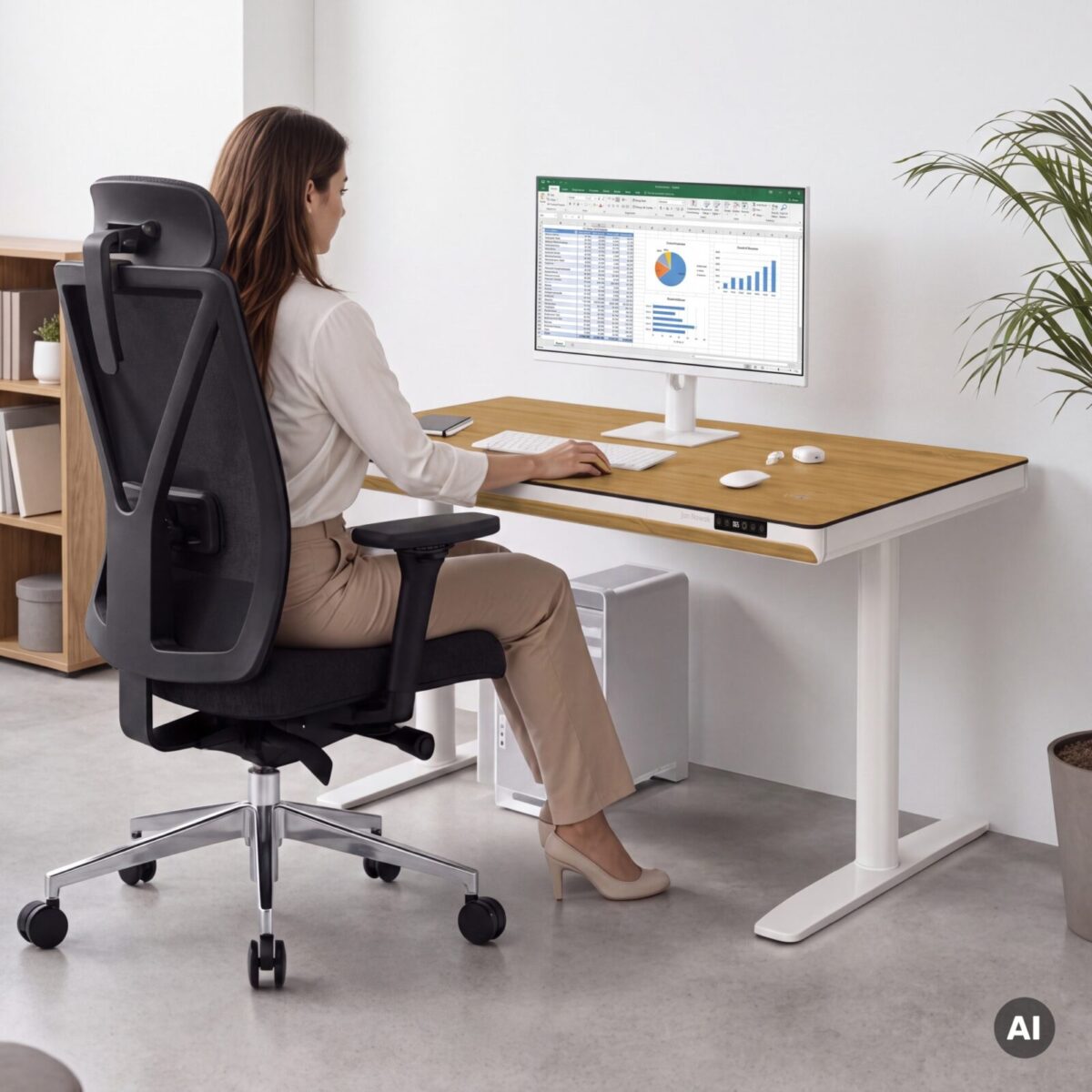 Biurko elektryczne sit-stand z szufladą i ładowarką bezprzewodową Qi białe/złoty dąb, 1200 mm: ELLIS | Meble DUO sku 2551 ellis 1200 bialy zloty dab features pl 02