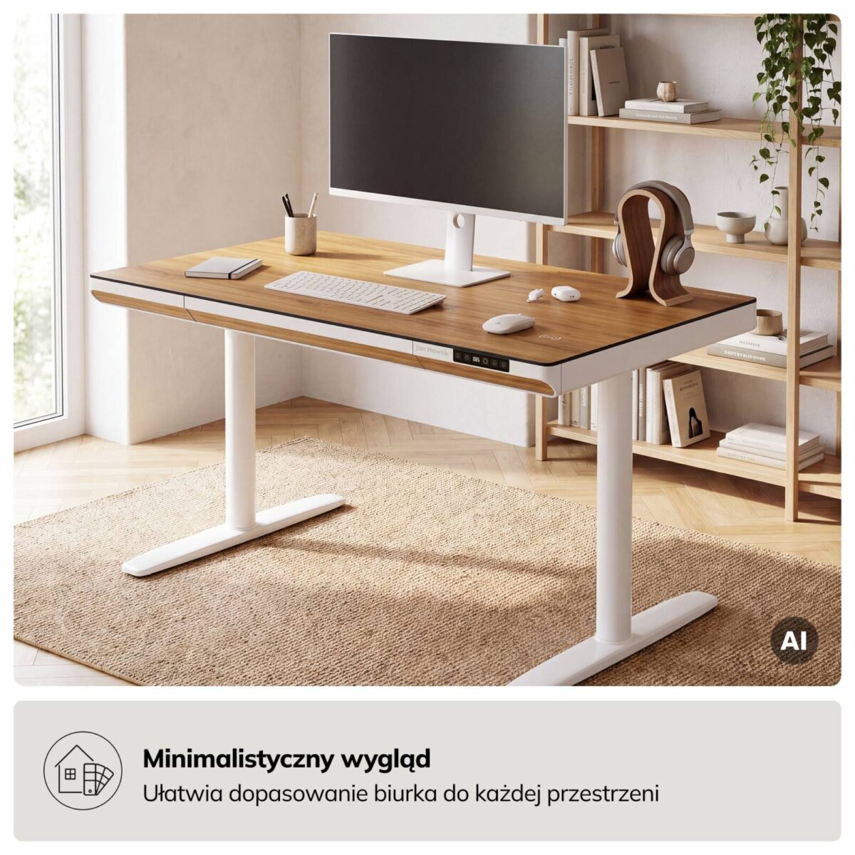 Biurko elektryczne sit-stand z szufladą i ładowarką bezprzewodową Qi białe/złoty dąb, 1200 mm: ELLIS | Meble DUO sku 2551 ellis 1200 bialy zloty dab features pl 03