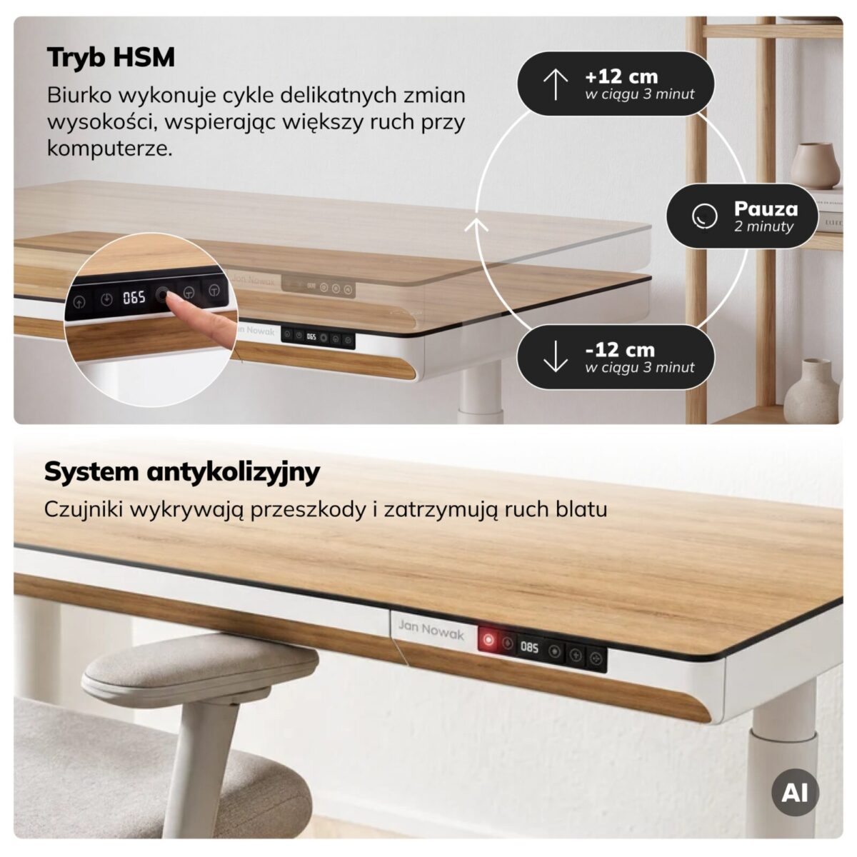 Biurko elektryczne sit-stand z szufladą i ładowarką bezprzewodową Qi białe/złoty dąb, 1200 mm: ELLIS | Meble DUO sku 2551 ellis 1200 bialy zloty dab features pl 05