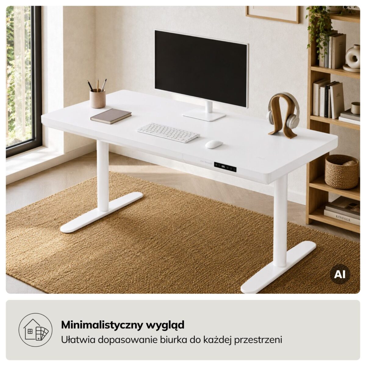 Biurko elektryczne sit-stand z szufladą i ładowarką bezprzewodową Qi białe, 1400 mm: ELLIS | Meble DUO sku 2552 ellis 1400 bialy features pl 03