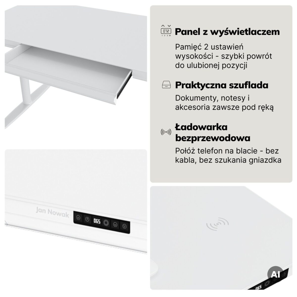 Biurko elektryczne sit-stand z szufladą i ładowarką bezprzewodową Qi białe, 1400 mm: ELLIS | Meble DUO sku 2552 ellis 1400 bialy features pl 04