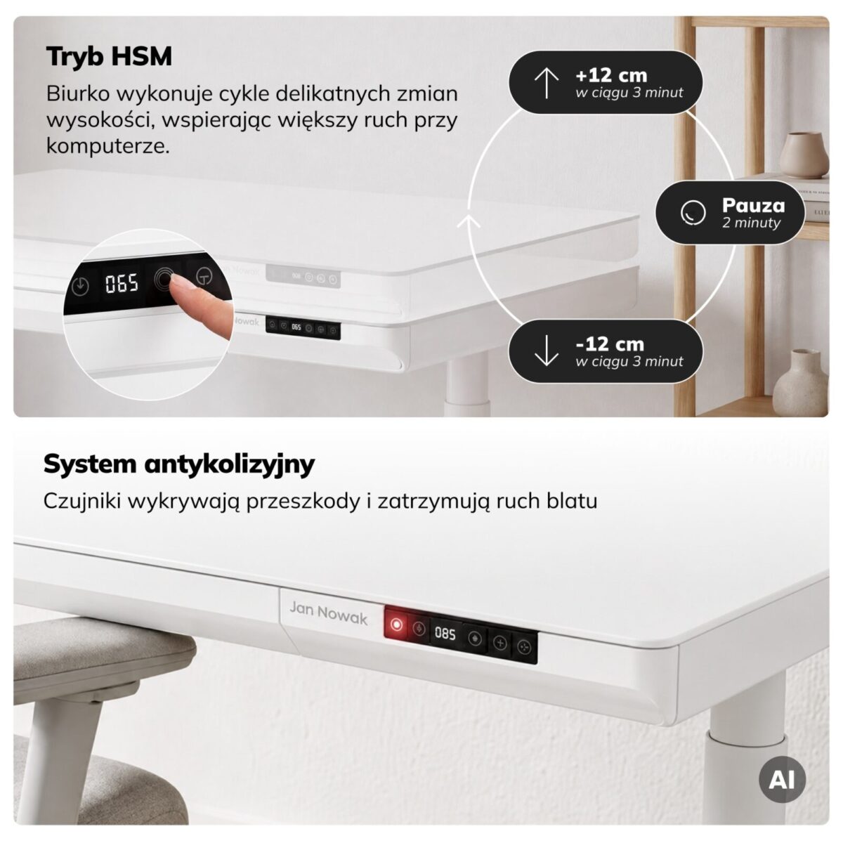 Biurko elektryczne sit-stand z szufladą i ładowarką bezprzewodową Qi białe, 1400 mm: ELLIS | Meble DUO sku 2552 ellis 1400 bialy features pl 05