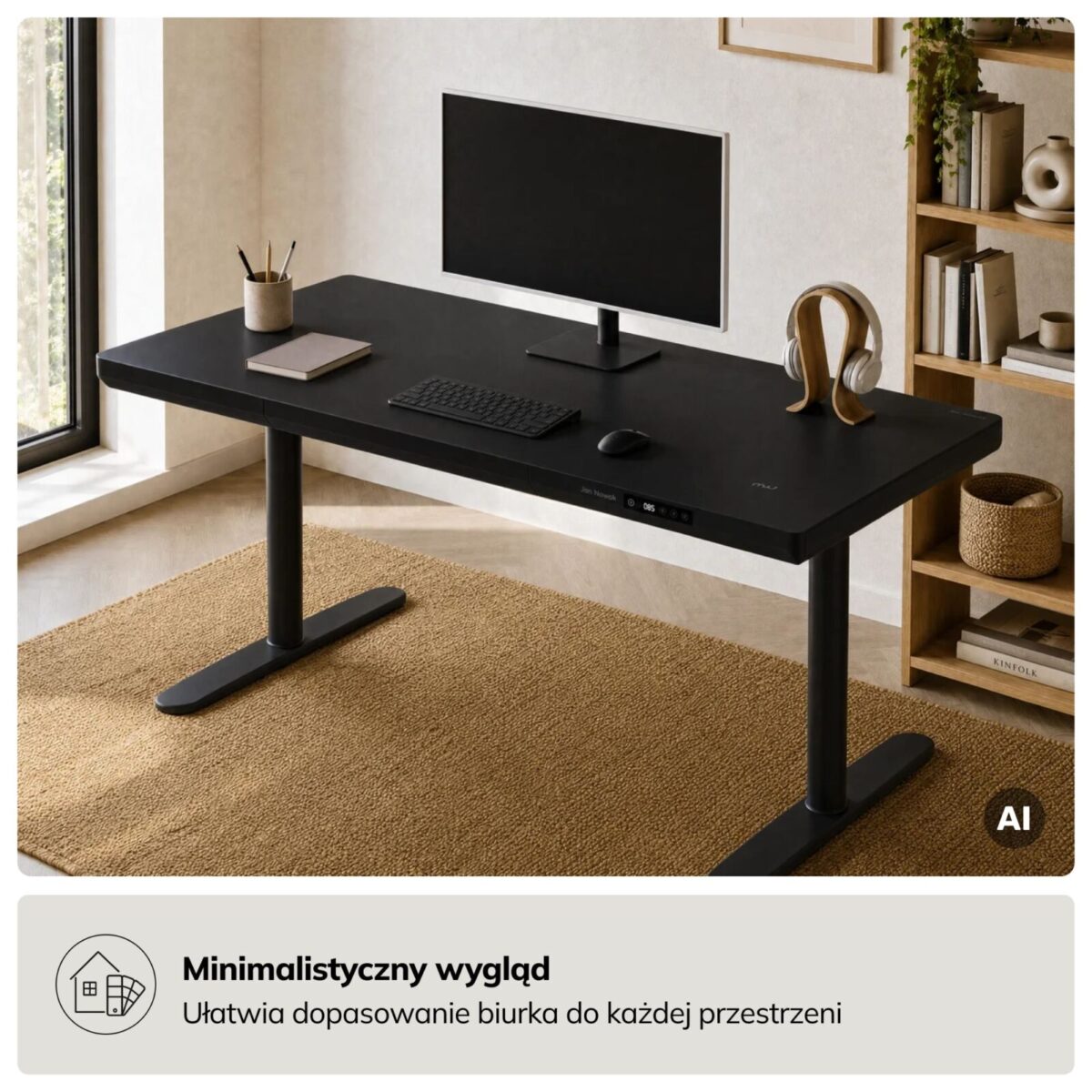 Biurko elektryczne sit-stand z szufladą i ładowarką bezprzewodową Qi czarne, 1400 mm: ELLIS | Meble DUO sku 2553 ellis 1400 czarny features pl 03