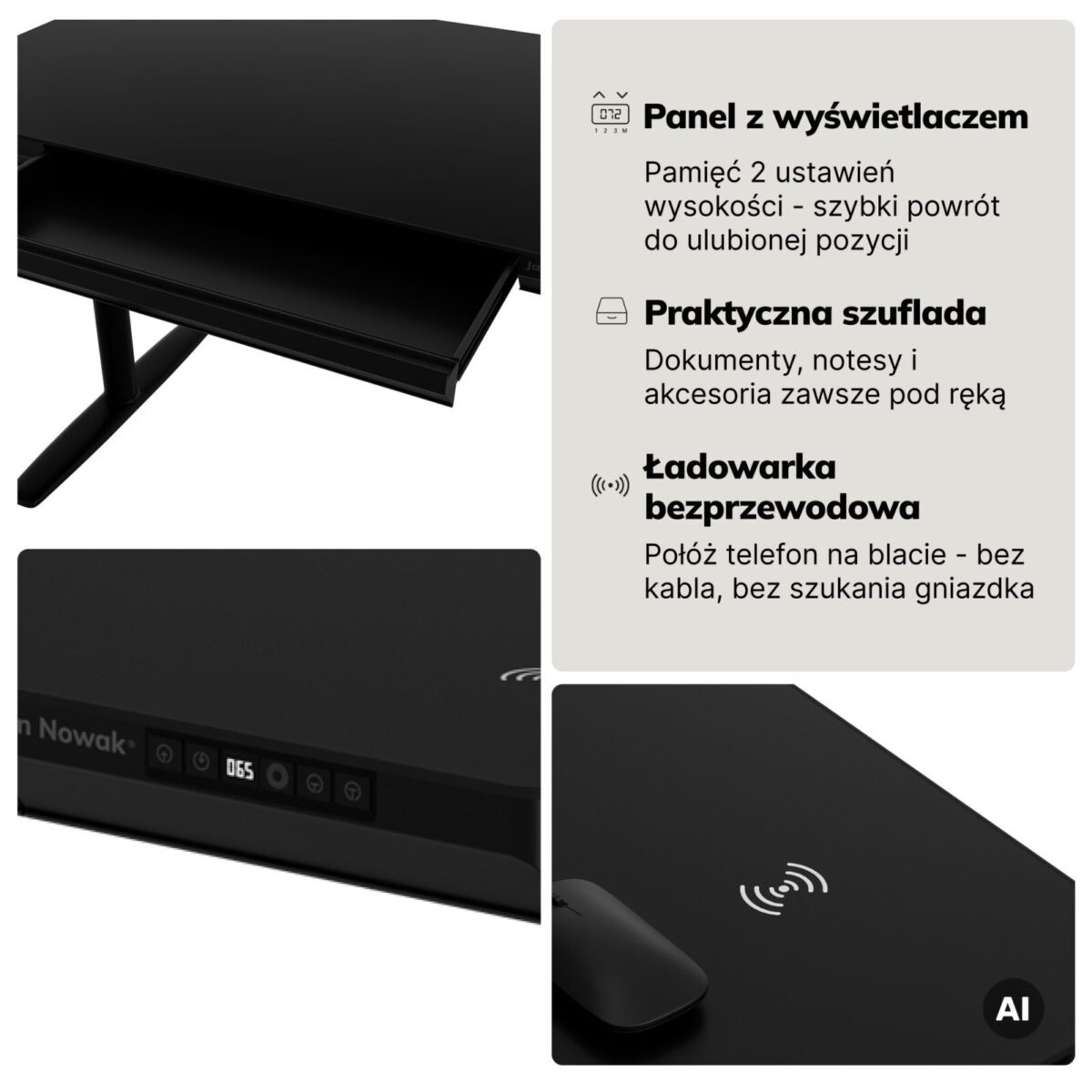 Biurko elektryczne sit-stand z szufladą i ładowarką bezprzewodową Qi czarne, 1400 mm: ELLIS | Meble DUO sku 2553 ellis 1400 czarny features pl 04
